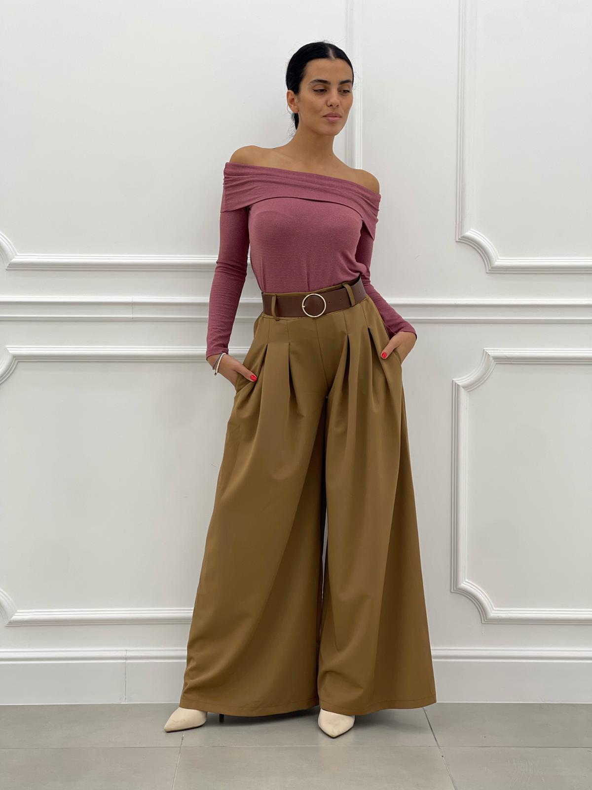 PANTALONE PALAZZO CON PENCES E CINTURA