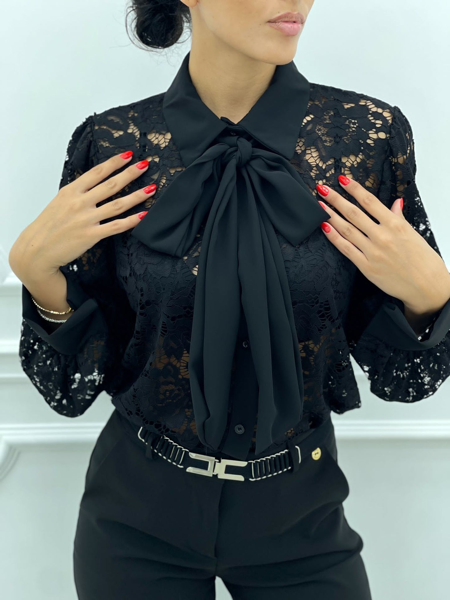 CAMICIA PIZZO MACRAME' CON FIOCCO