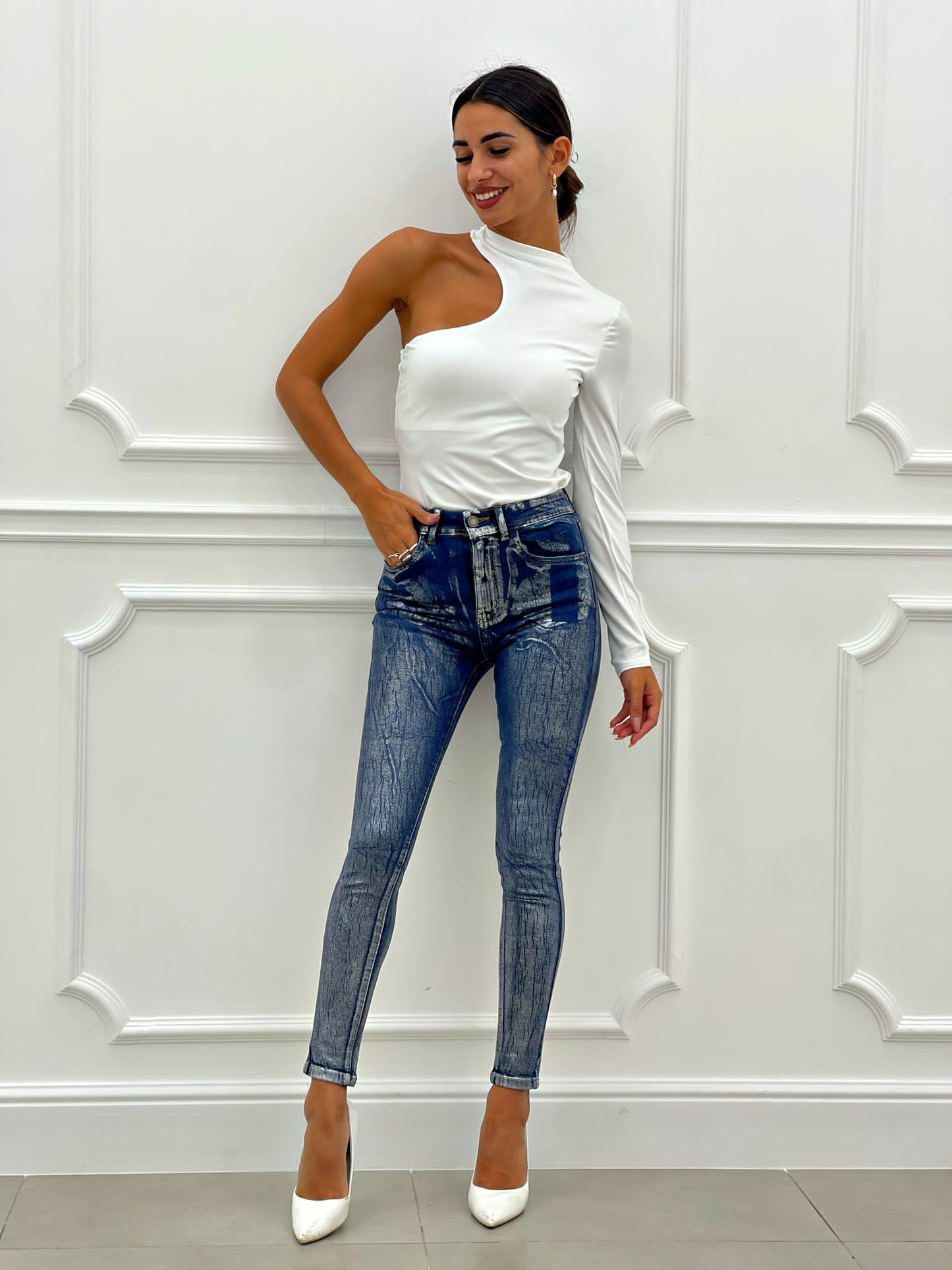 JEANS SKINNY EFFETTO METALLIZZATO