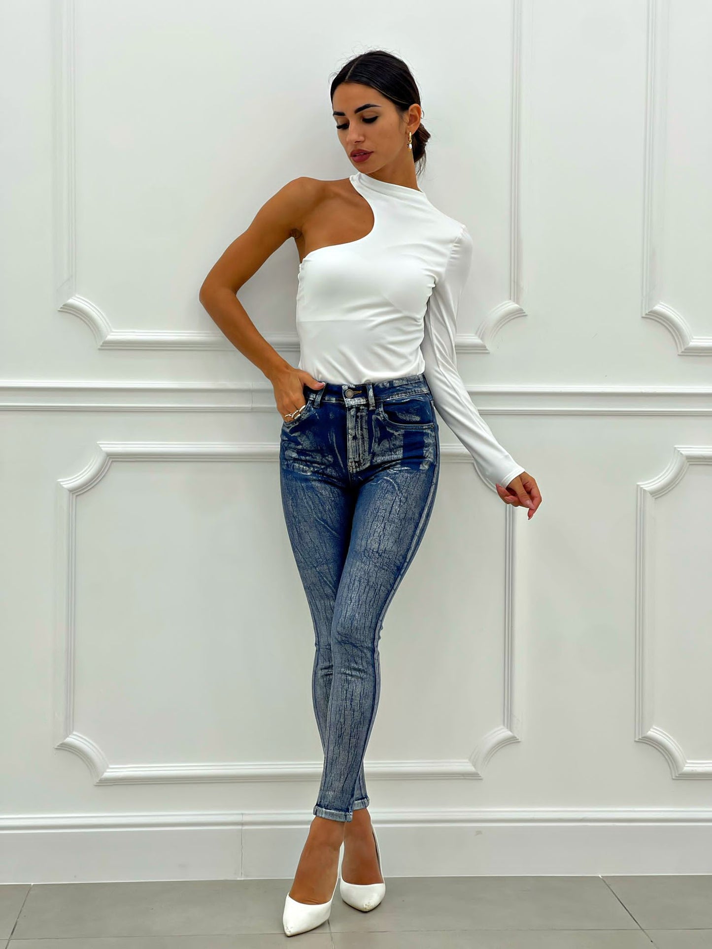 JEANS SKINNY EFFETTO METALLIZZATO