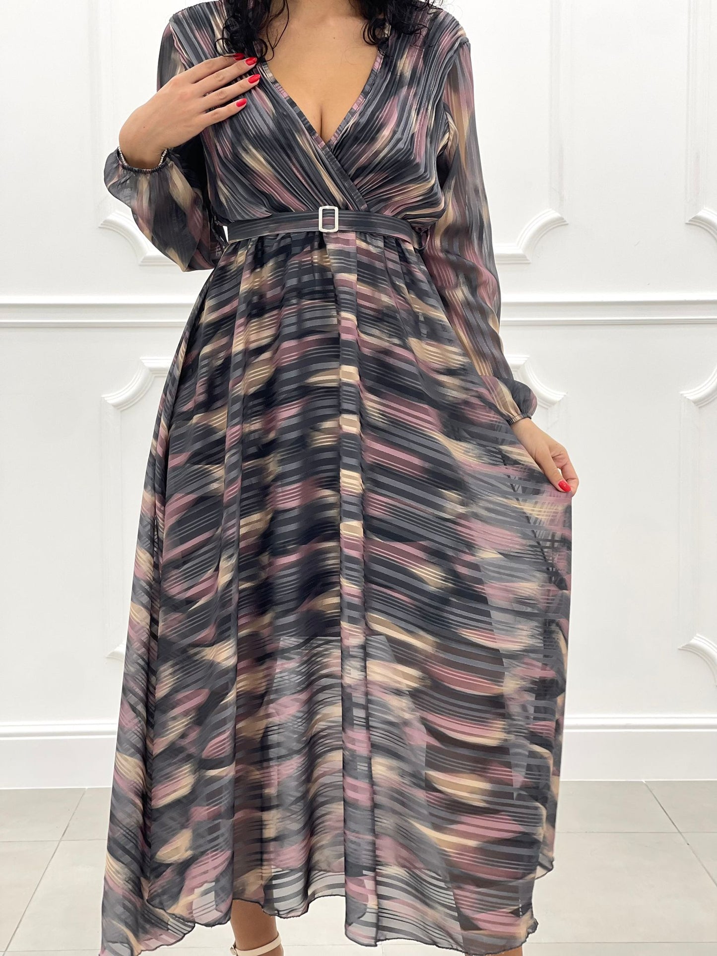 VESTITO LUNGO LUREX E PLISSET SCOLLATURA INCROCIO