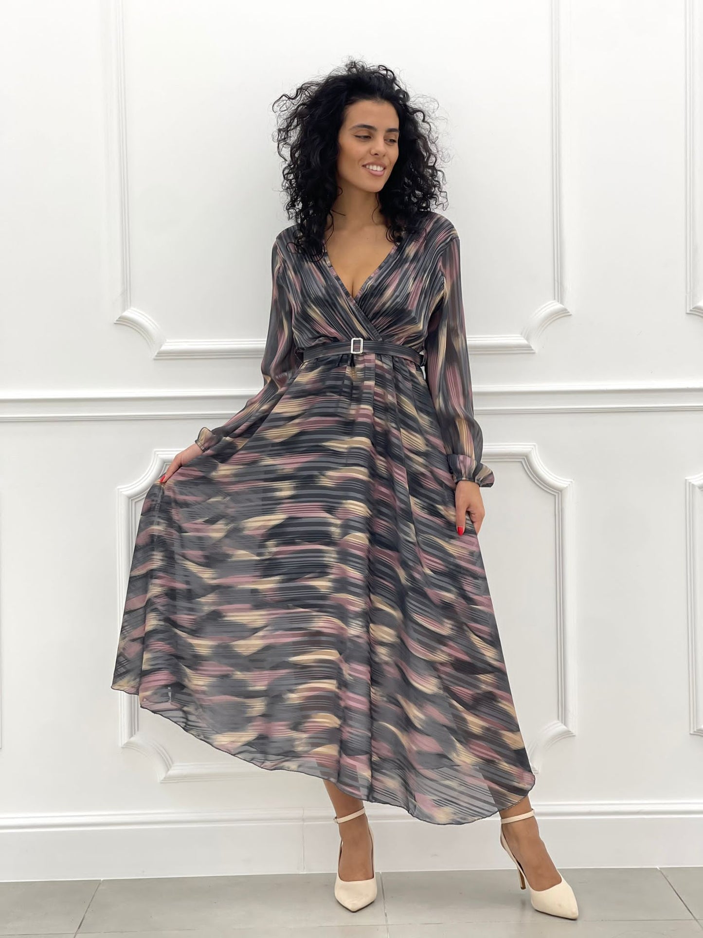 VESTITO LUNGO LUREX E PLISSET SCOLLATURA INCROCIO