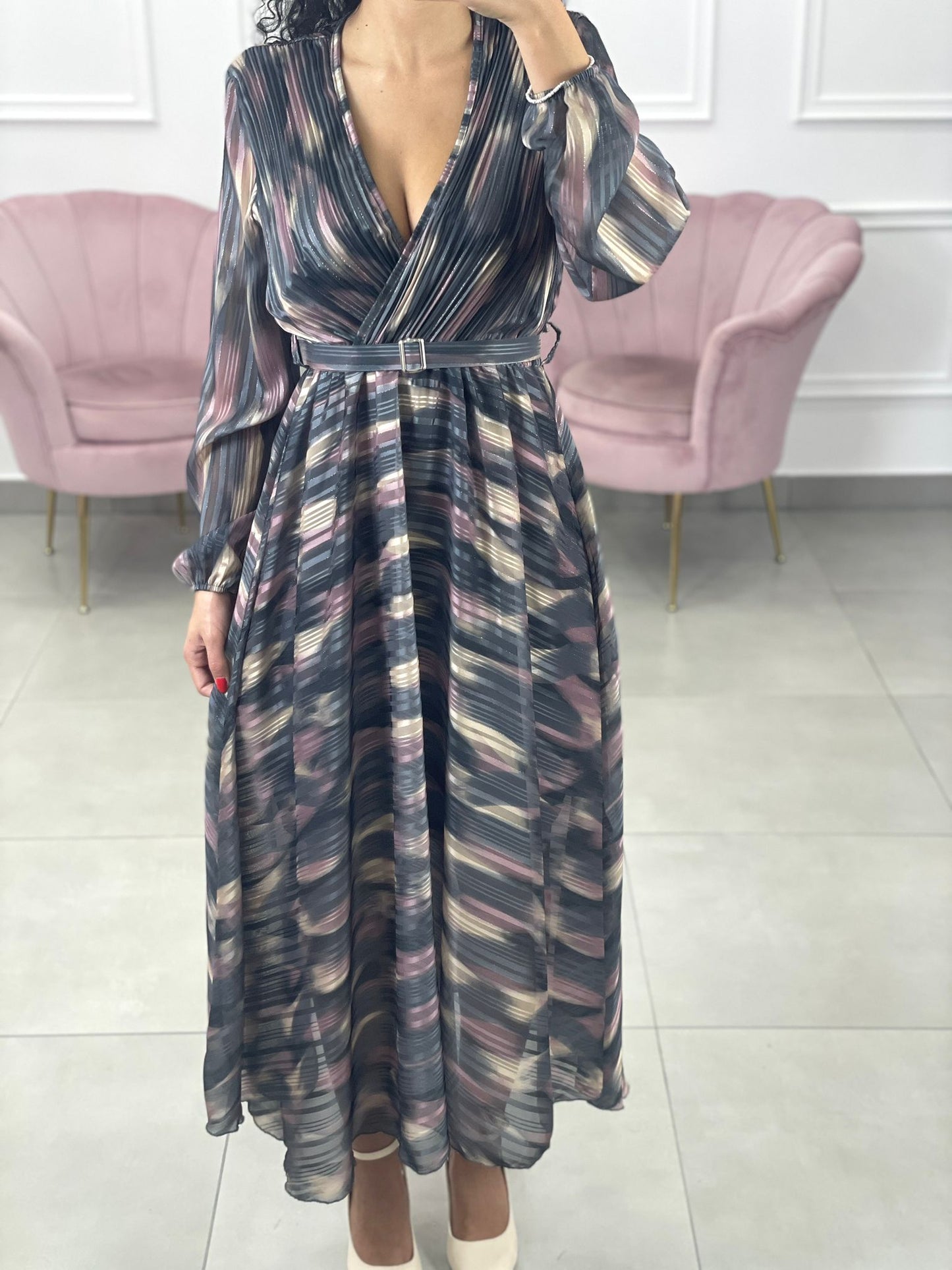 VESTITO LUNGO LUREX E PLISSET SCOLLATURA INCROCIO
