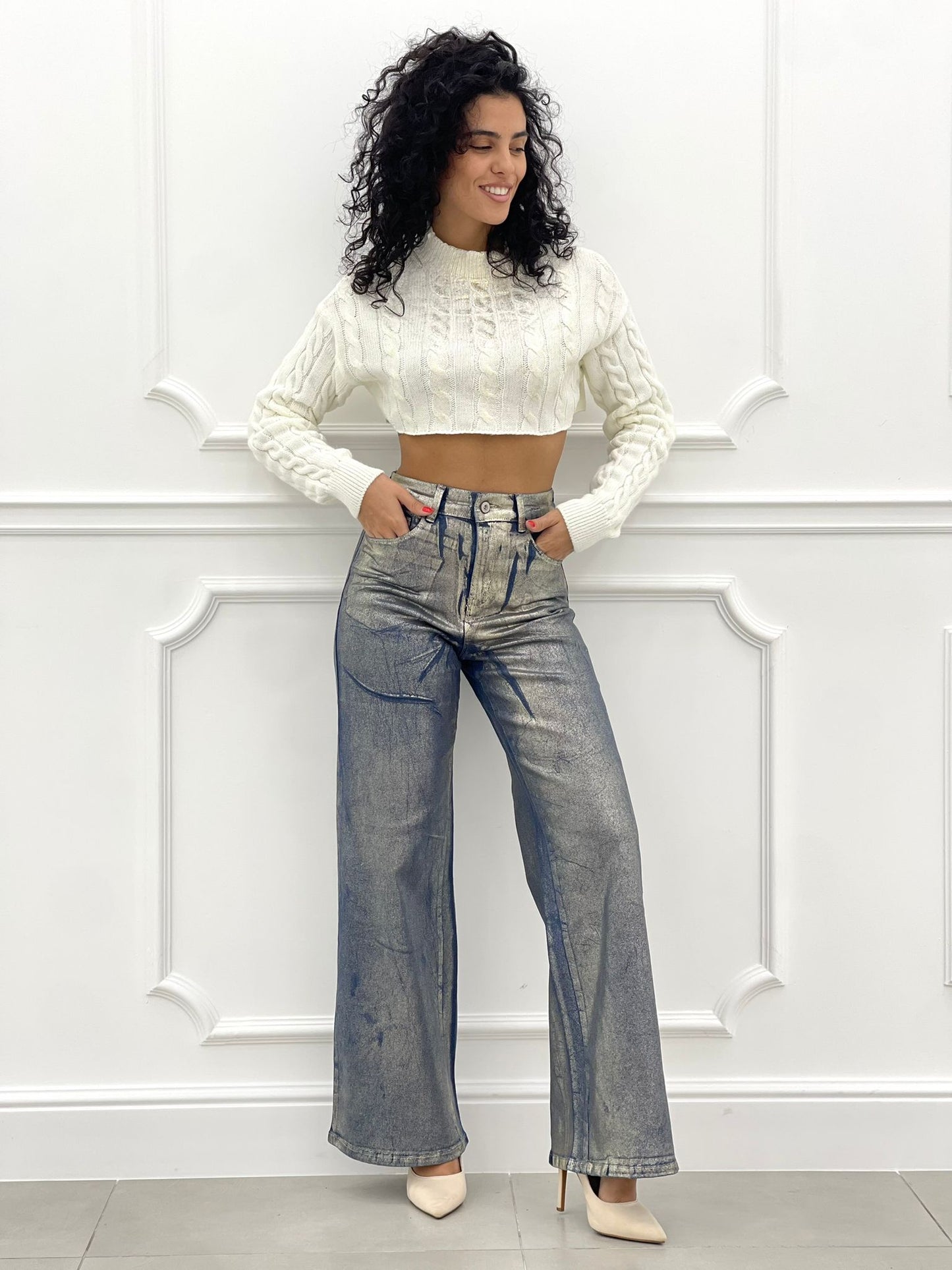 JEANS EFFETTO METALLIZZATO