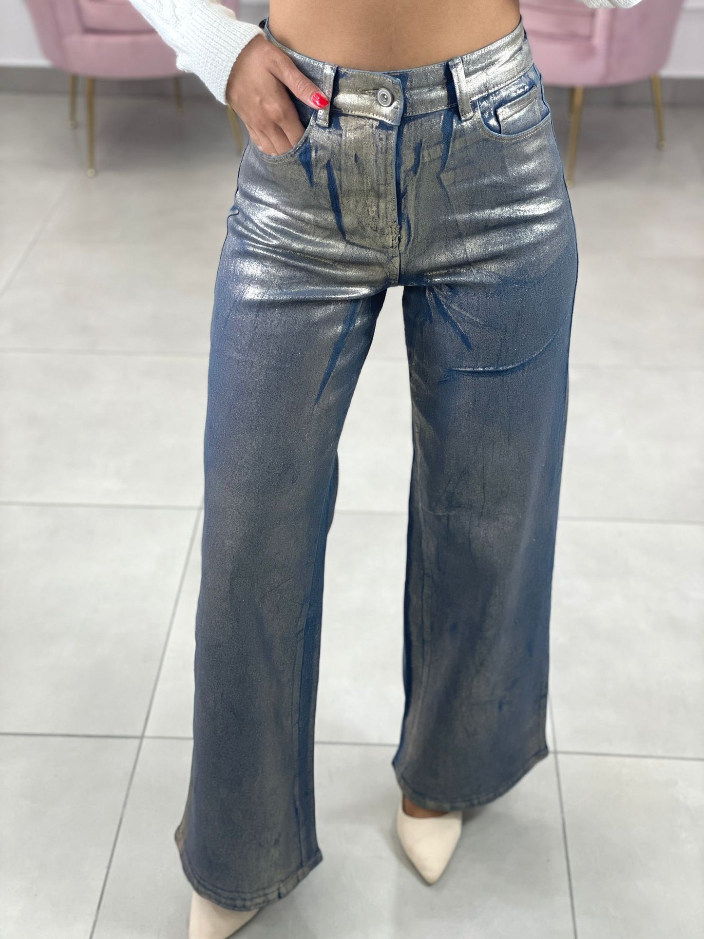 JEANS EFFETTO METALLIZZATO
