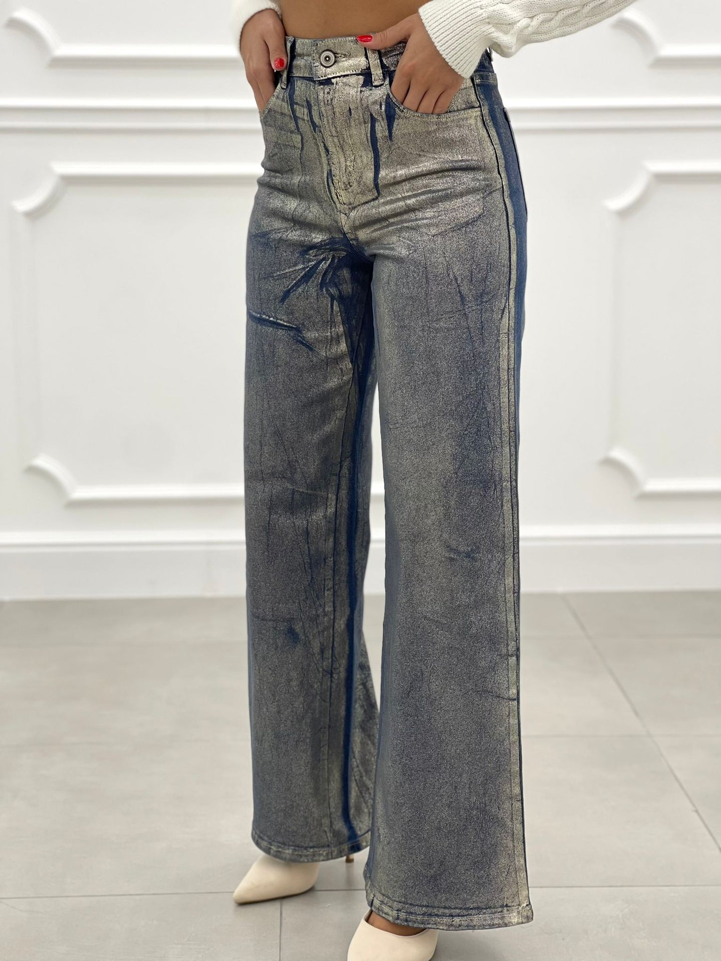 JEANS EFFETTO METALLIZZATO