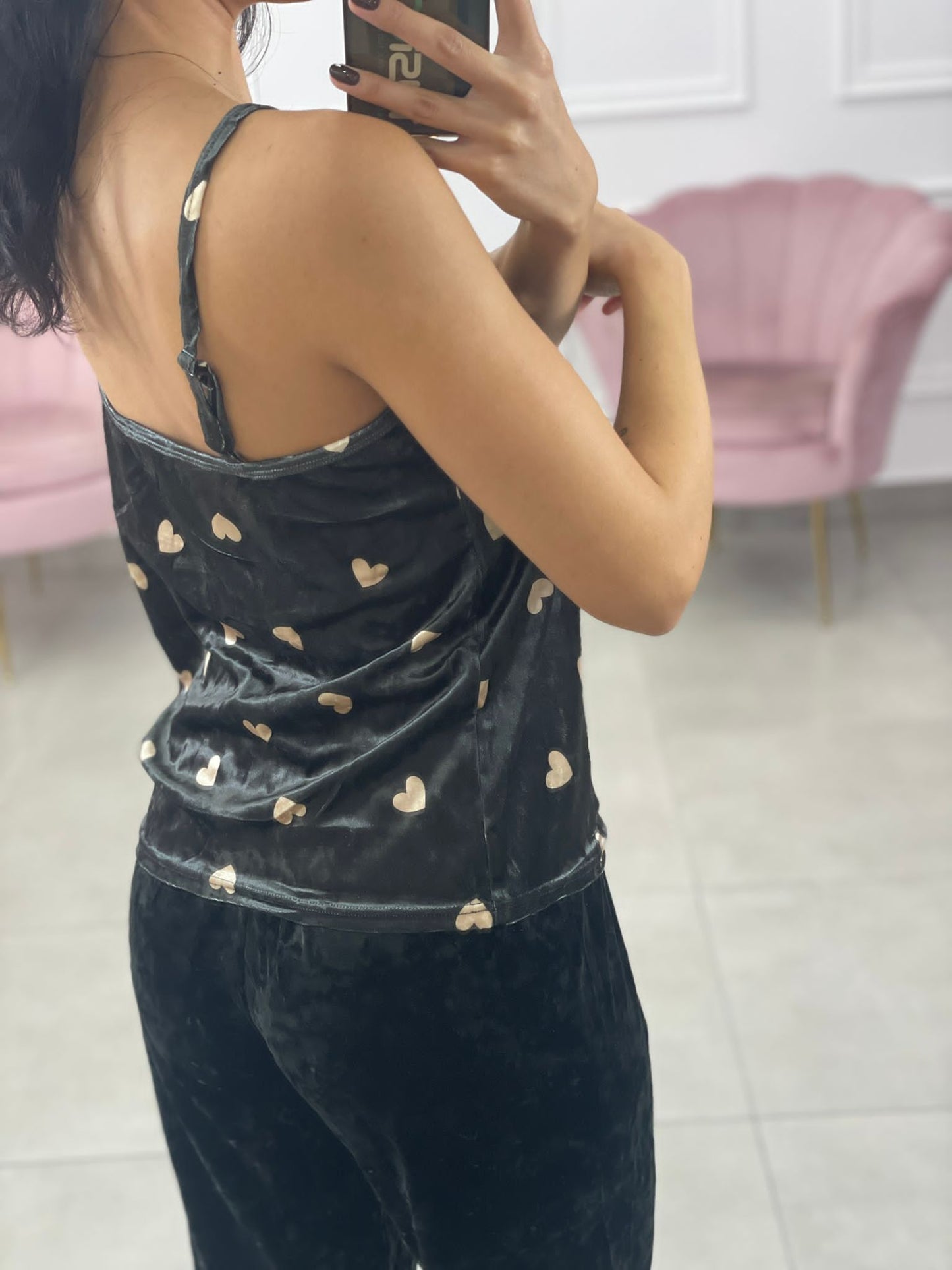 SET PIGIAMA 3 PEZZI IN CINIGLIA E PIZZO NERO