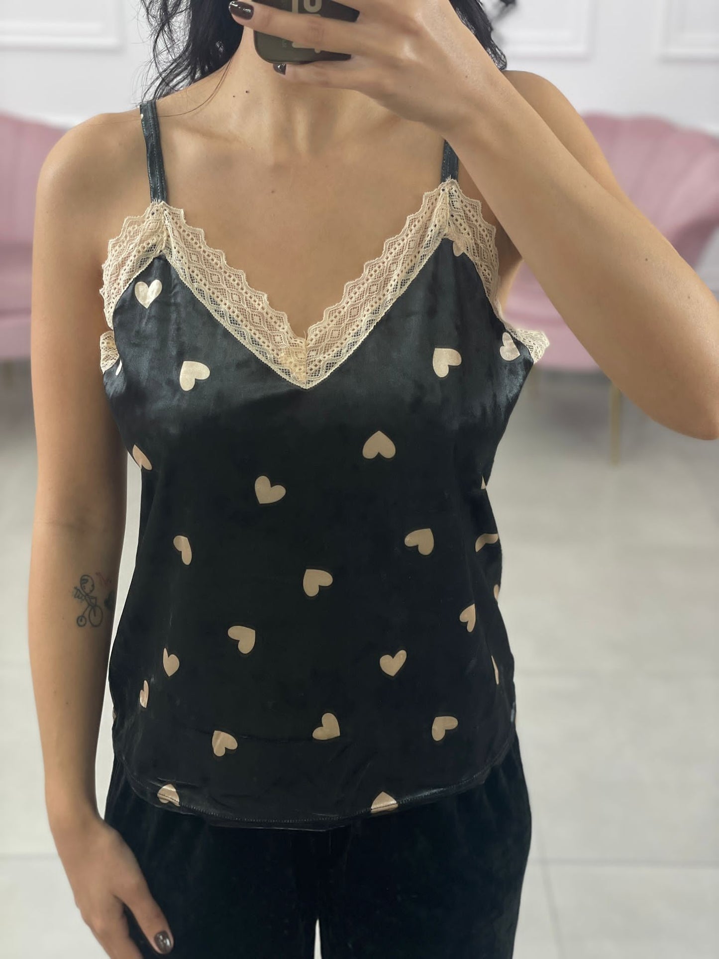 SET PIGIAMA 3 PEZZI IN CINIGLIA E PIZZO NERO