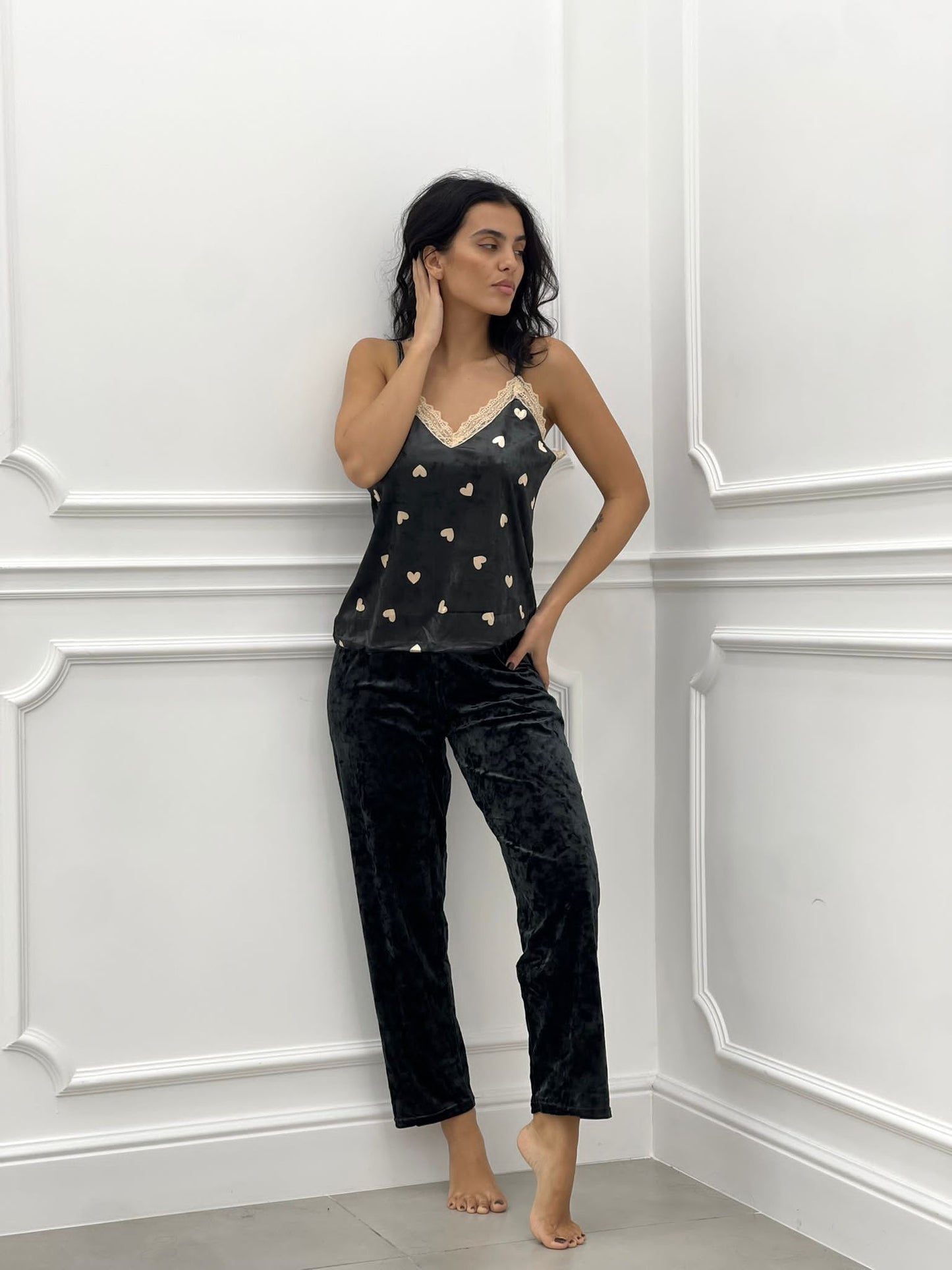 SET PIGIAMA 3 PEZZI IN CINIGLIA E PIZZO NERO