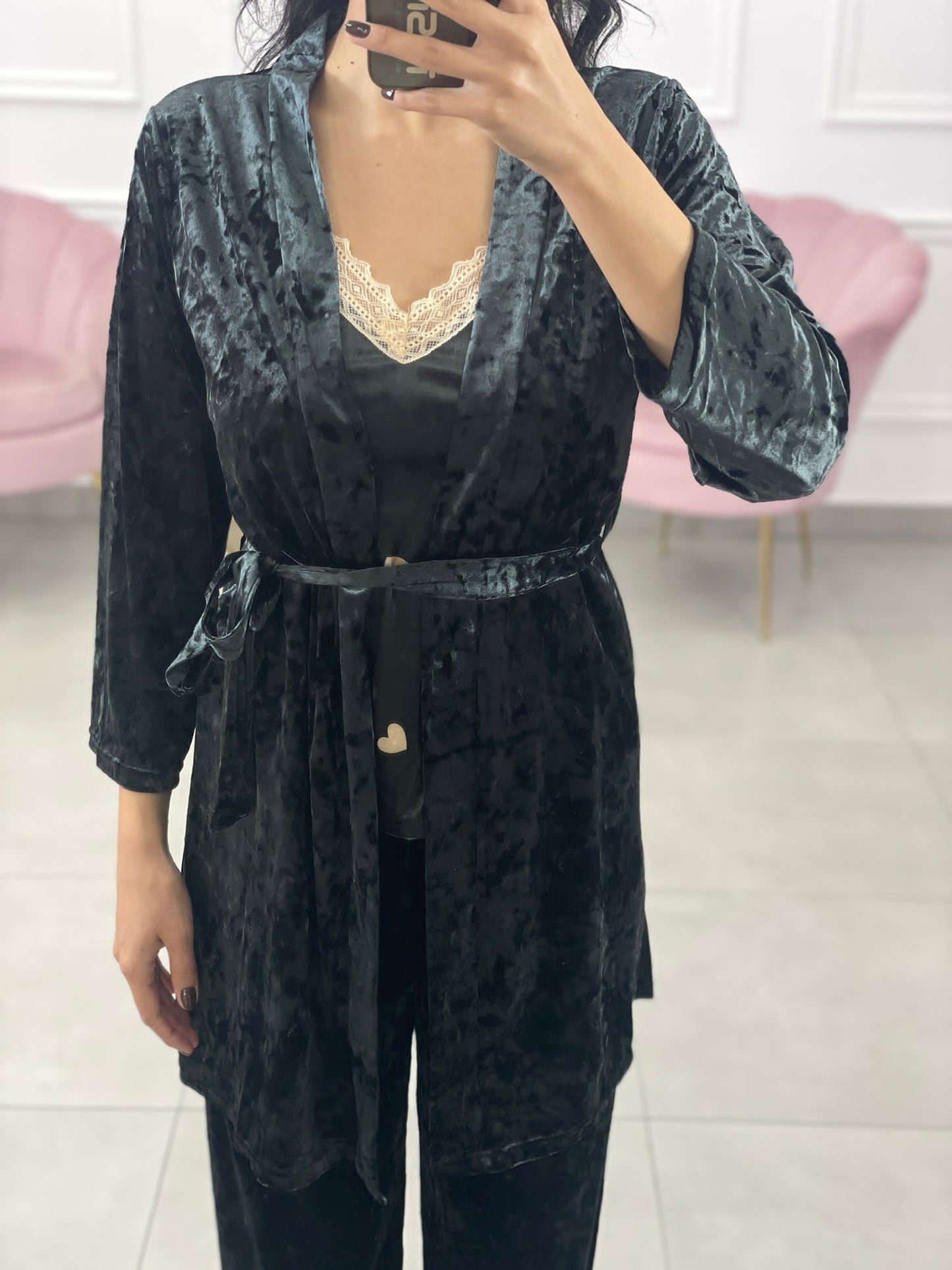 SET PIGIAMA 3 PEZZI IN CINIGLIA E PIZZO NERO