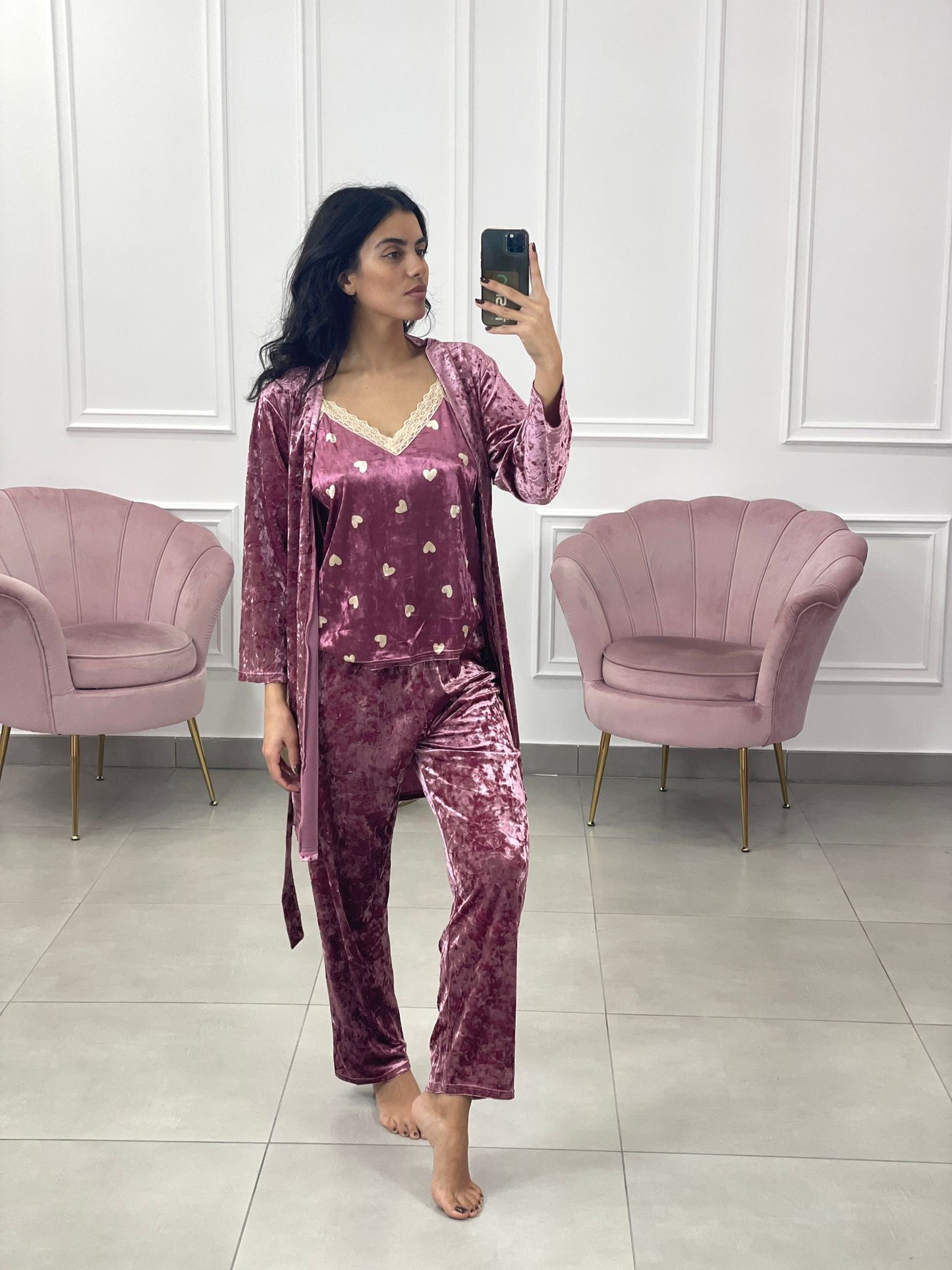 SET PIGIAMA 3 PEZZI IN CINIGLIA E PIZZO ROSA