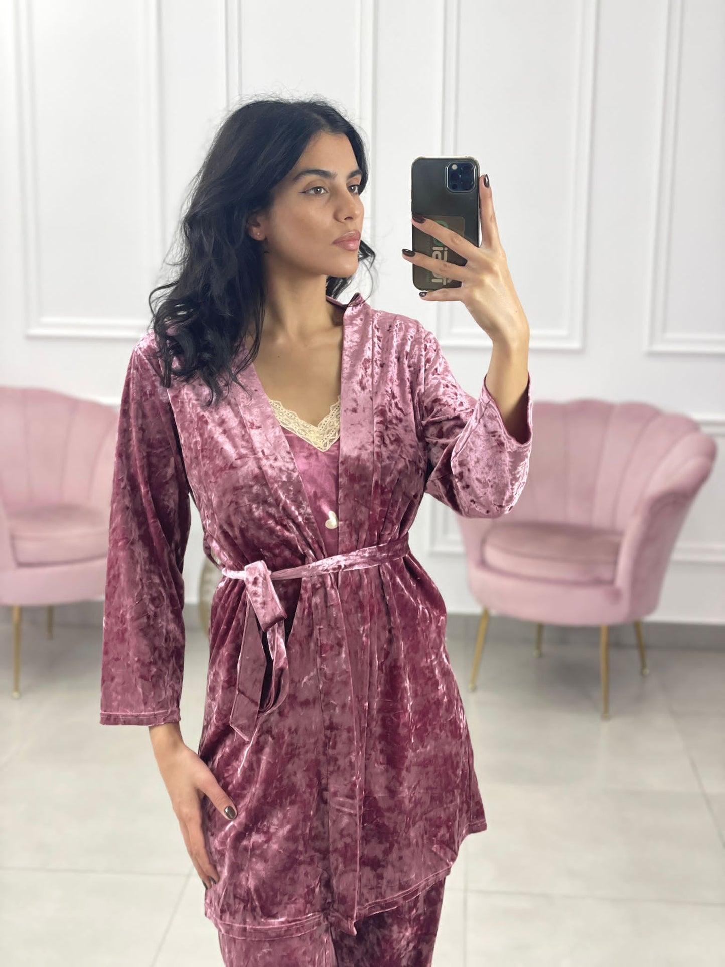 SET PIGIAMA 3 PEZZI IN CINIGLIA E PIZZO ROSA
