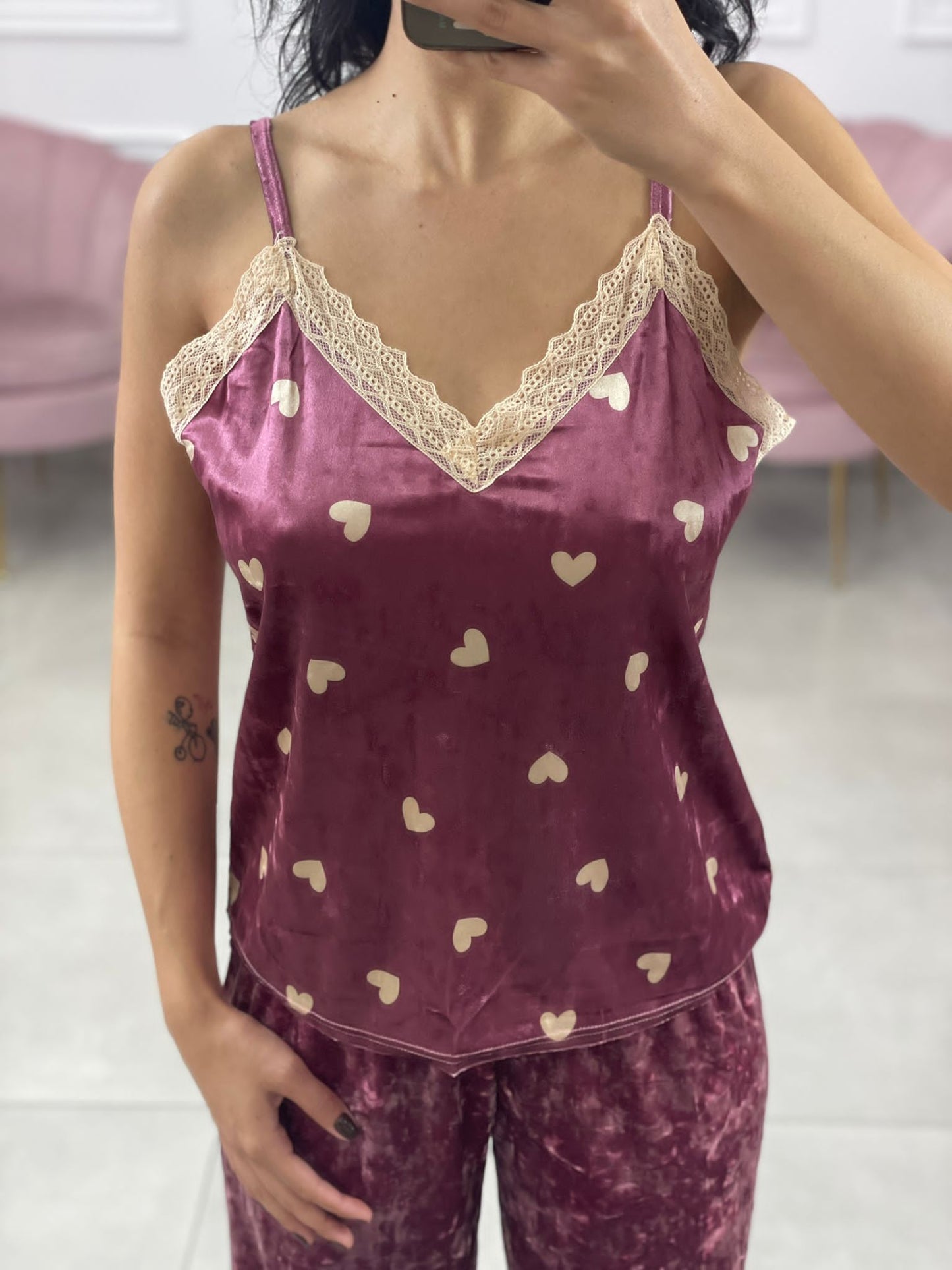 SET PIGIAMA 3 PEZZI IN CINIGLIA E PIZZO ROSA