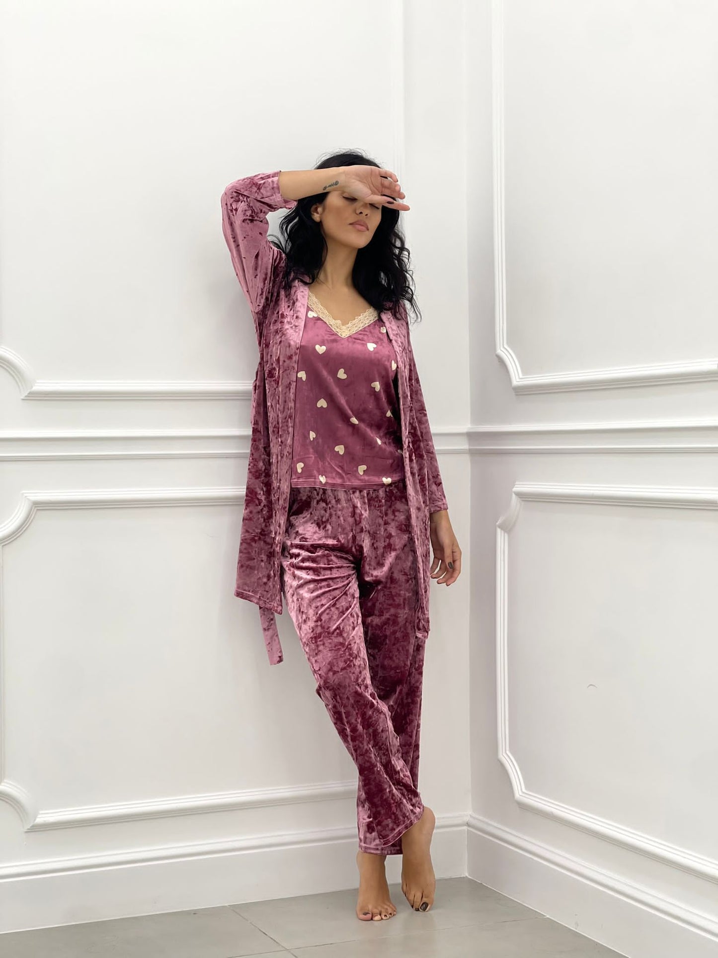 SET PIGIAMA 3 PEZZI IN CINIGLIA E PIZZO ROSA