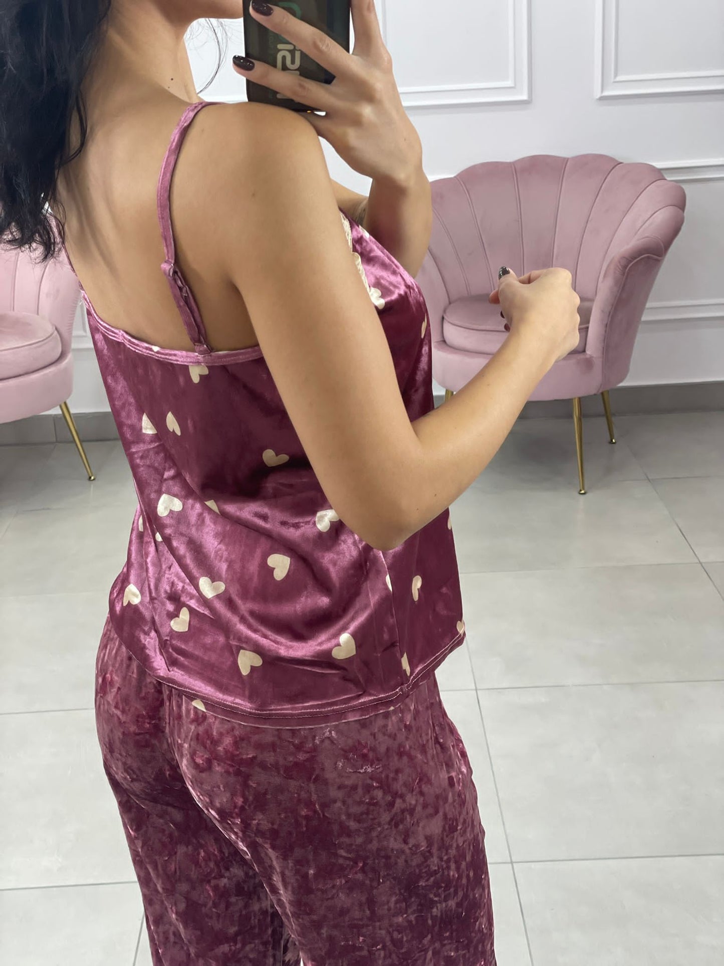 SET PIGIAMA 3 PEZZI IN CINIGLIA E PIZZO ROSA