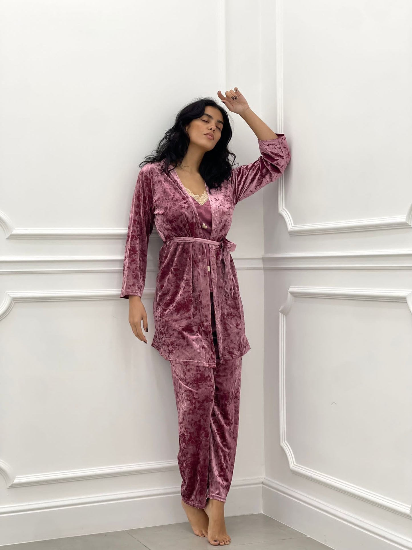 SET PIGIAMA 3 PEZZI IN CINIGLIA E PIZZO ROSA