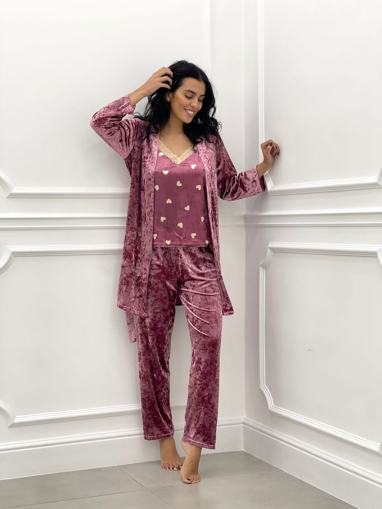 SET PIGIAMA 3 PEZZI IN CINIGLIA E PIZZO ROSA