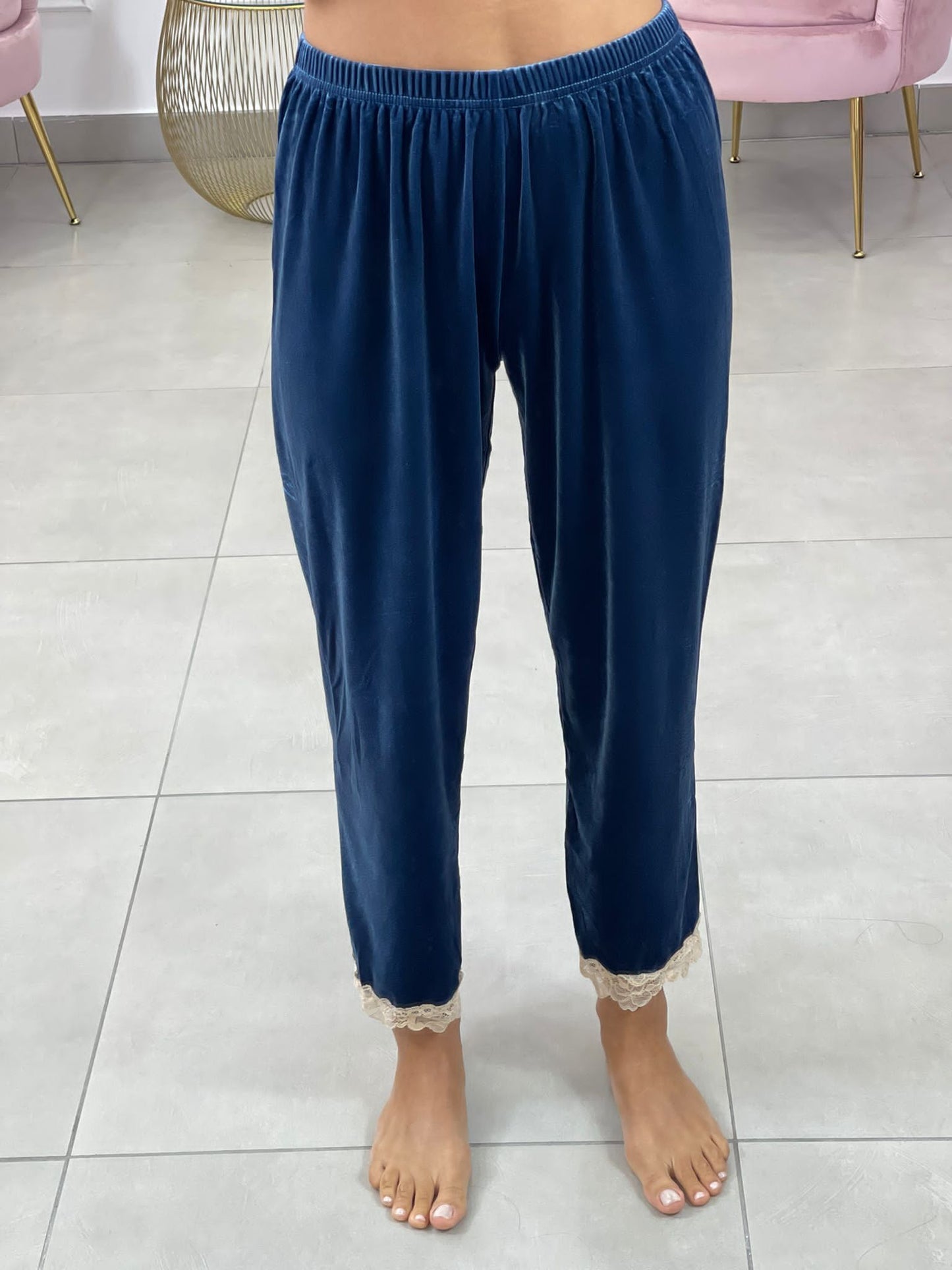 SET PIGIAMA 4 PEZZI IN CINIGLIA E PIZZO BLU
