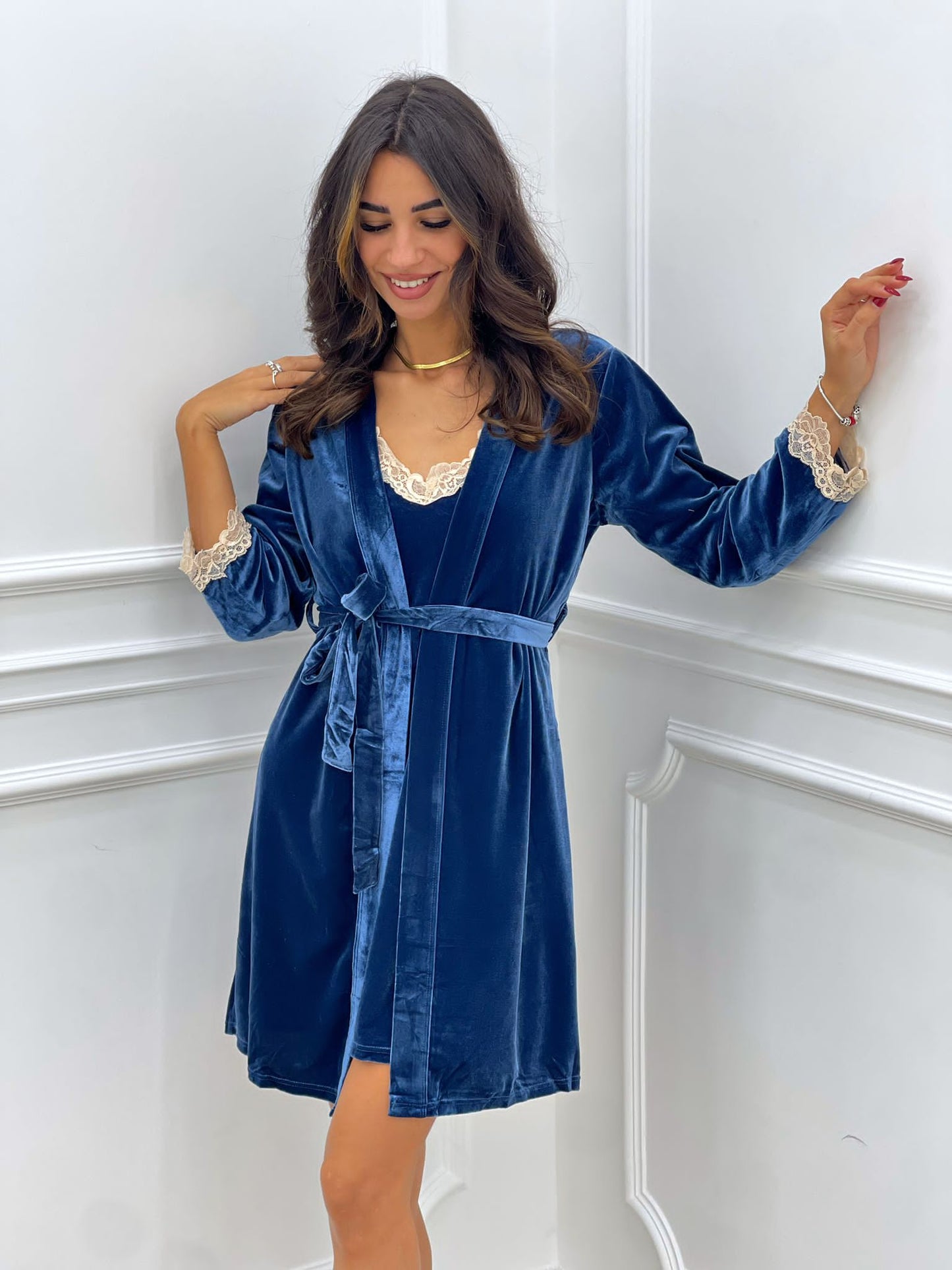 SET PIGIAMA 4 PEZZI IN CINIGLIA E PIZZO BLU