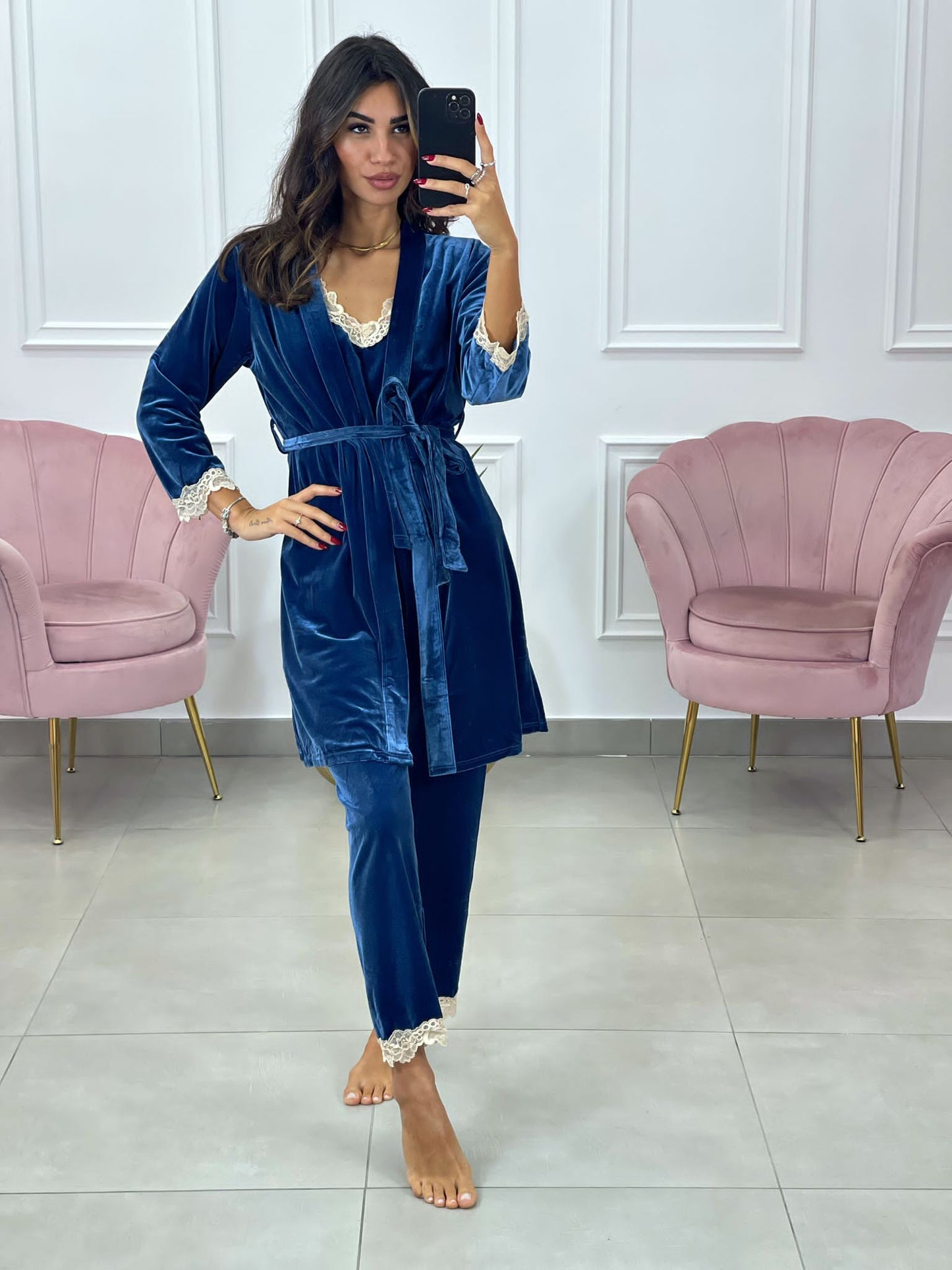 SET PIGIAMA 4 PEZZI IN CINIGLIA E PIZZO BLU