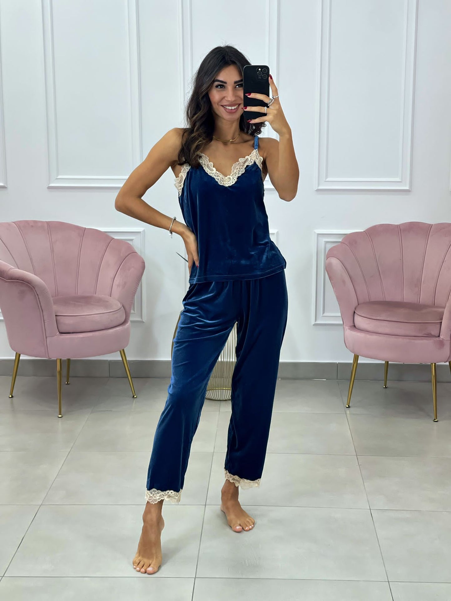 SET PIGIAMA 4 PEZZI IN CINIGLIA E PIZZO BLU