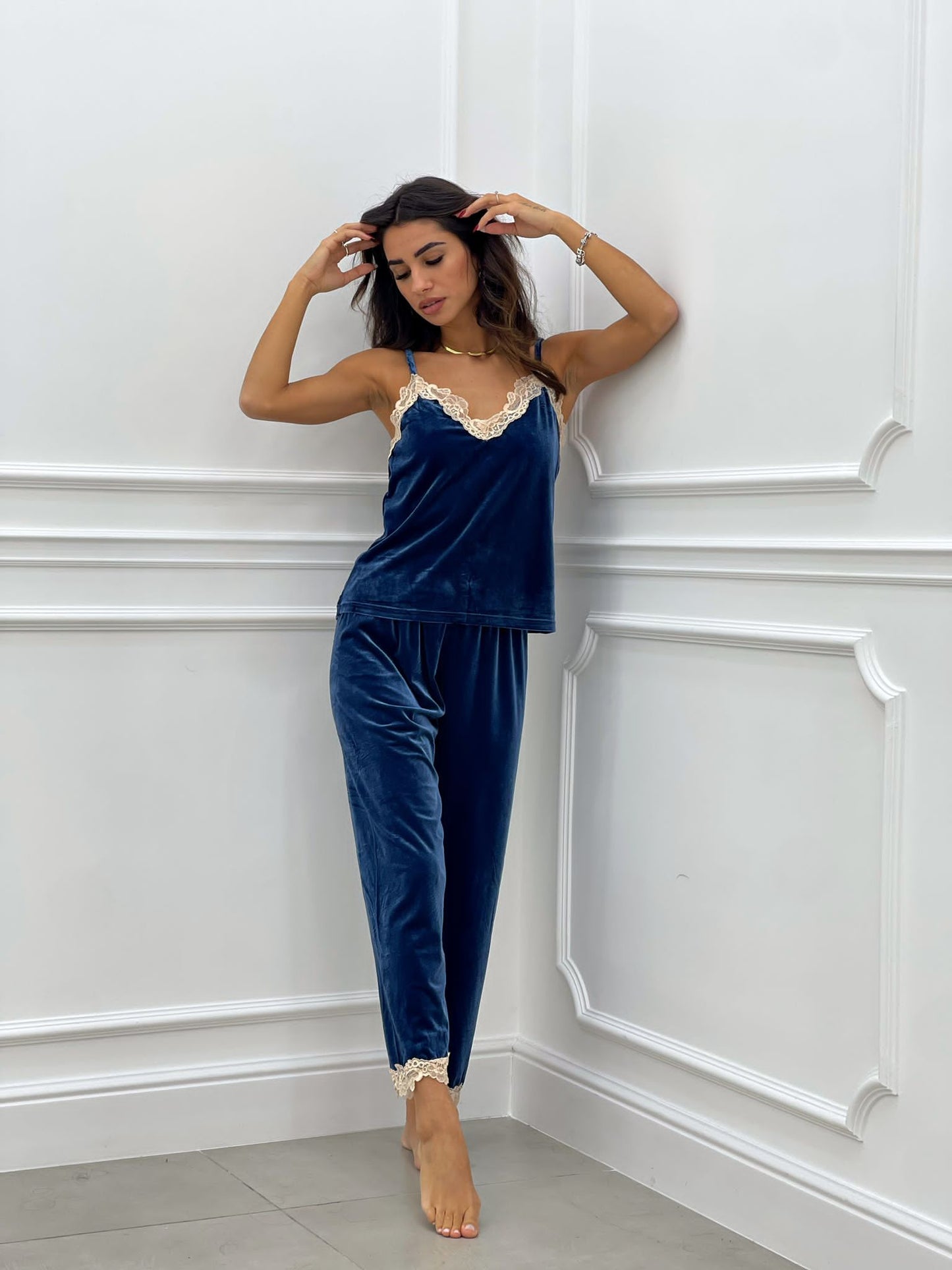 SET PIGIAMA 4 PEZZI IN CINIGLIA E PIZZO BLU