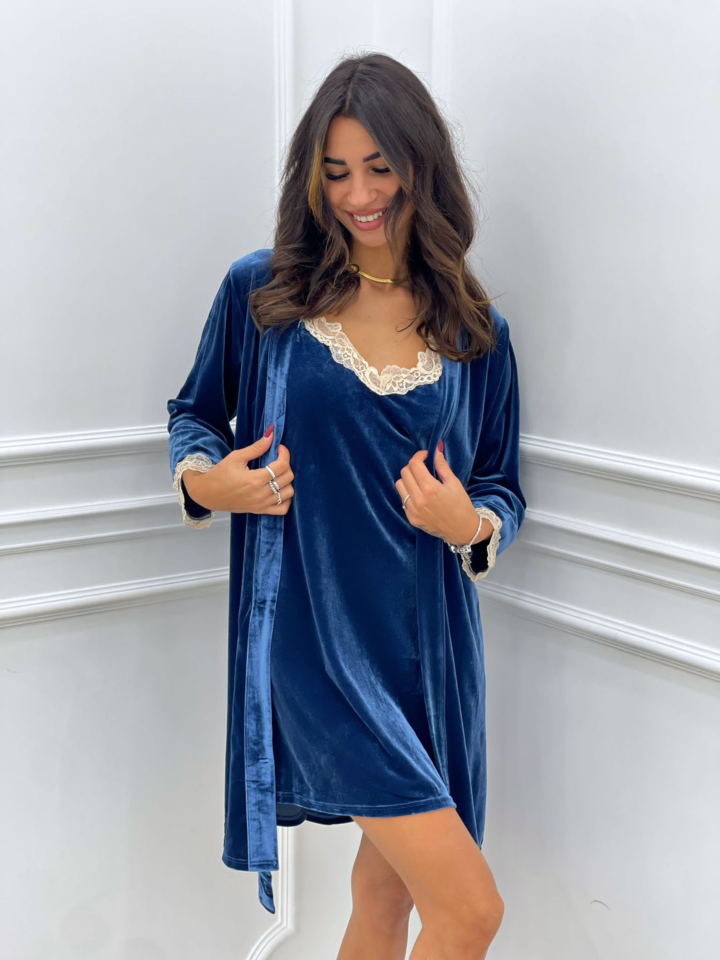 SET PIGIAMA 4 PEZZI IN CINIGLIA E PIZZO BLU