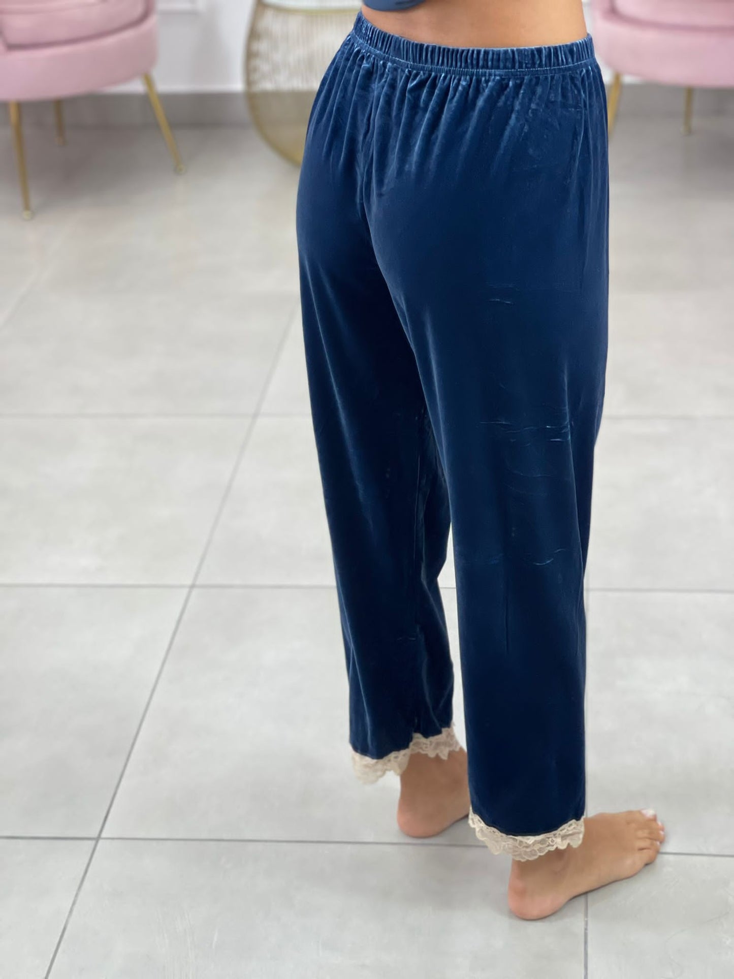 SET PIGIAMA 4 PEZZI IN CINIGLIA E PIZZO BLU