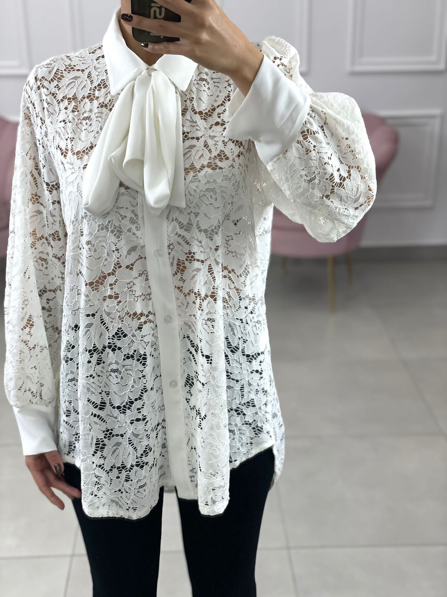 CAMICIA PIZZO MACRAME' CON FIOCCO