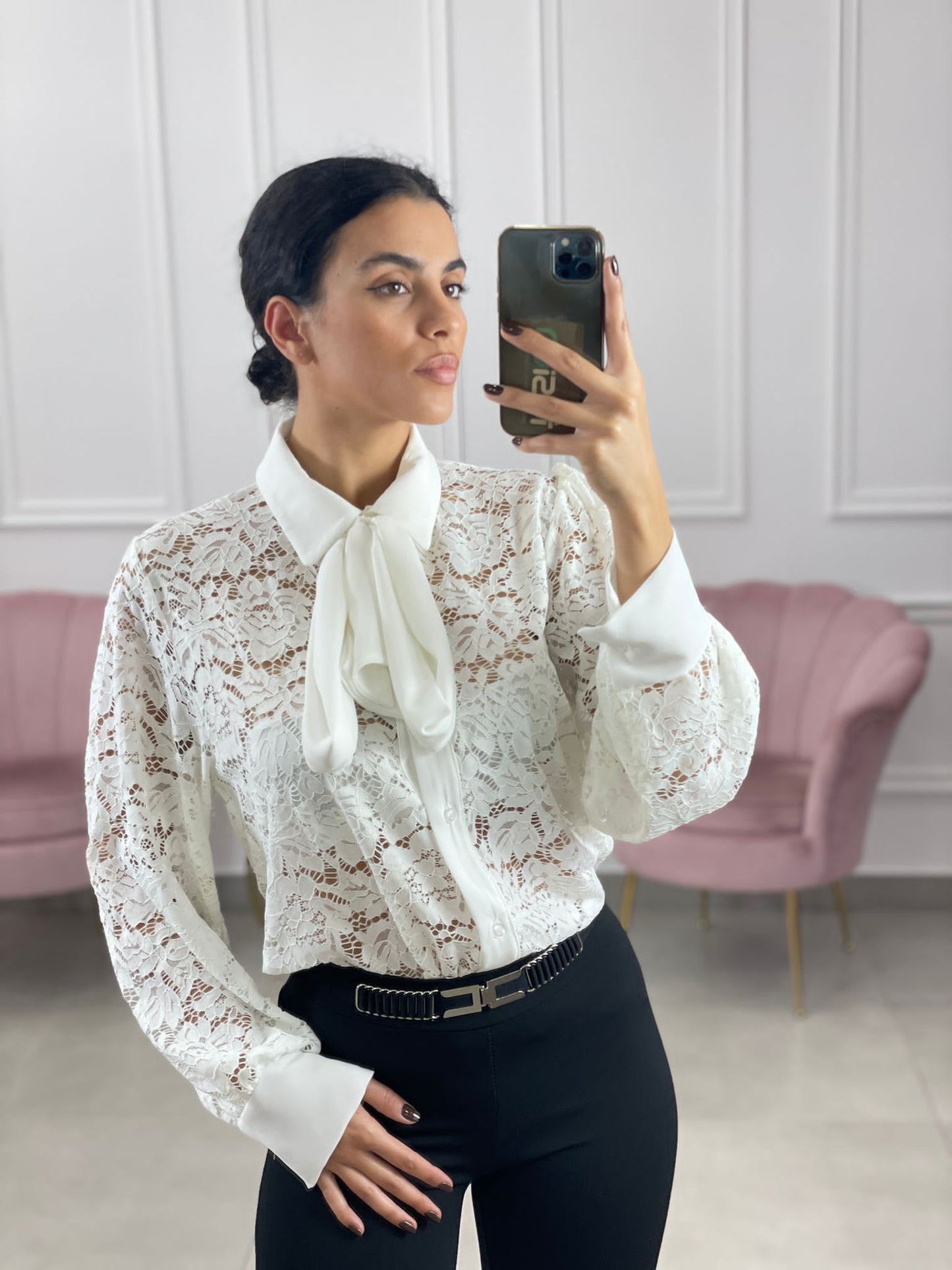 CAMICIA PIZZO MACRAME' CON FIOCCO