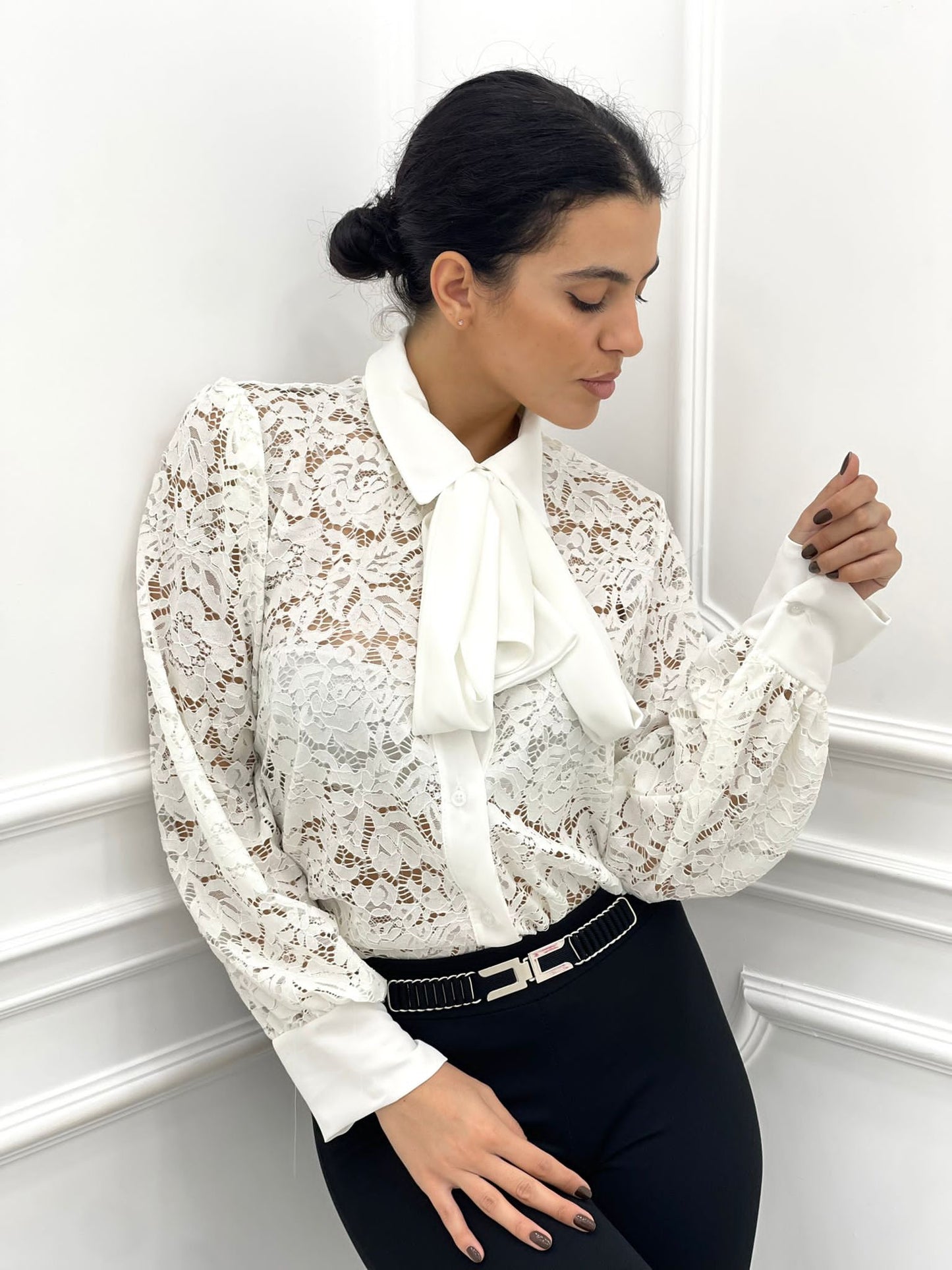 CAMICIA PIZZO MACRAME' CON FIOCCO