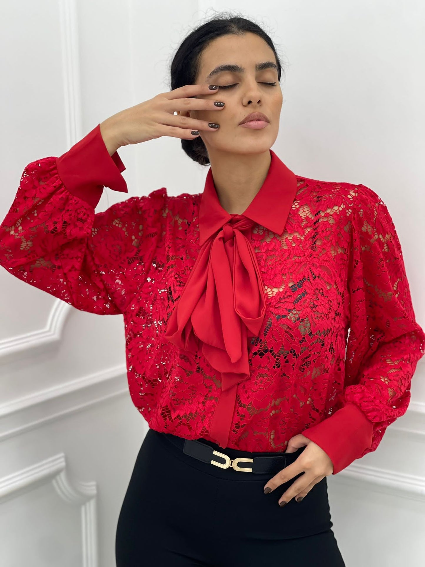 CAMICIA PIZZO MACRAME' CON FIOCCO