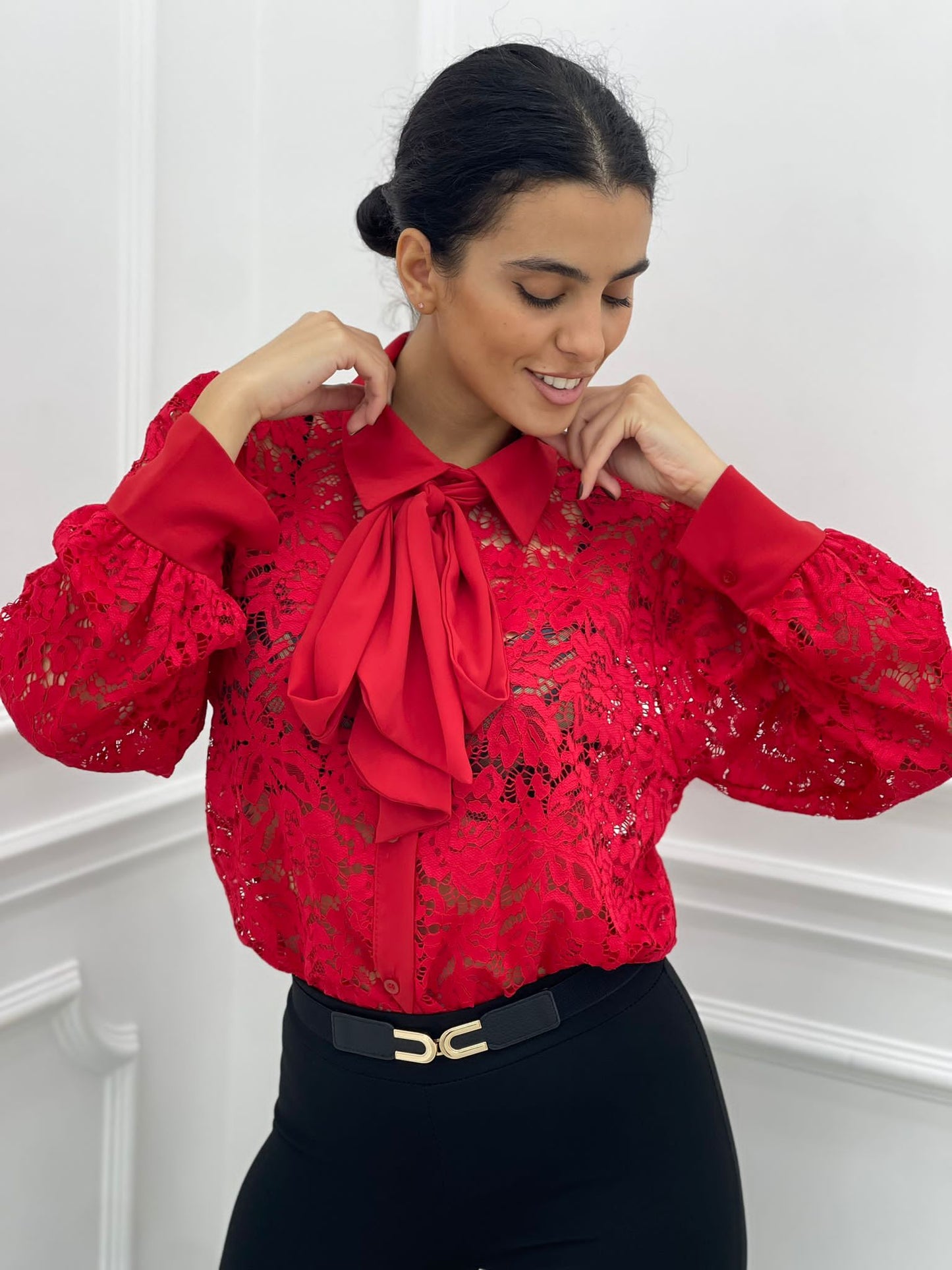 CAMICIA PIZZO MACRAME' CON FIOCCO