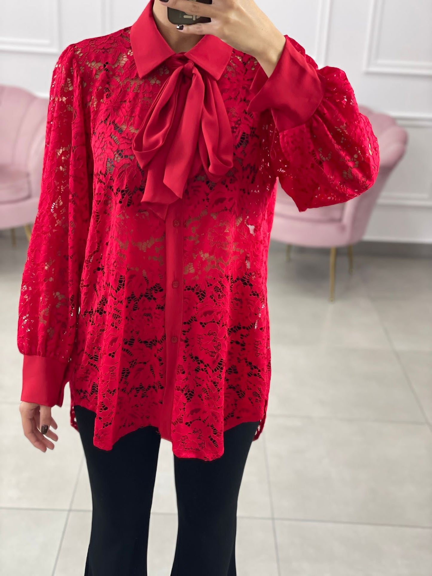 CAMICIA PIZZO MACRAME' CON FIOCCO