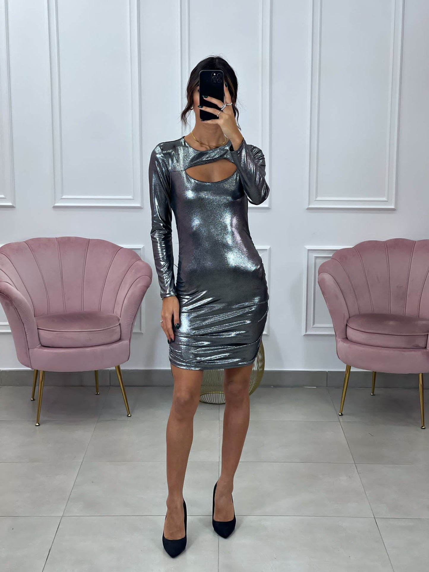VESTITO EFFETTO METALLIZZATO SCOLLO SCHIENA