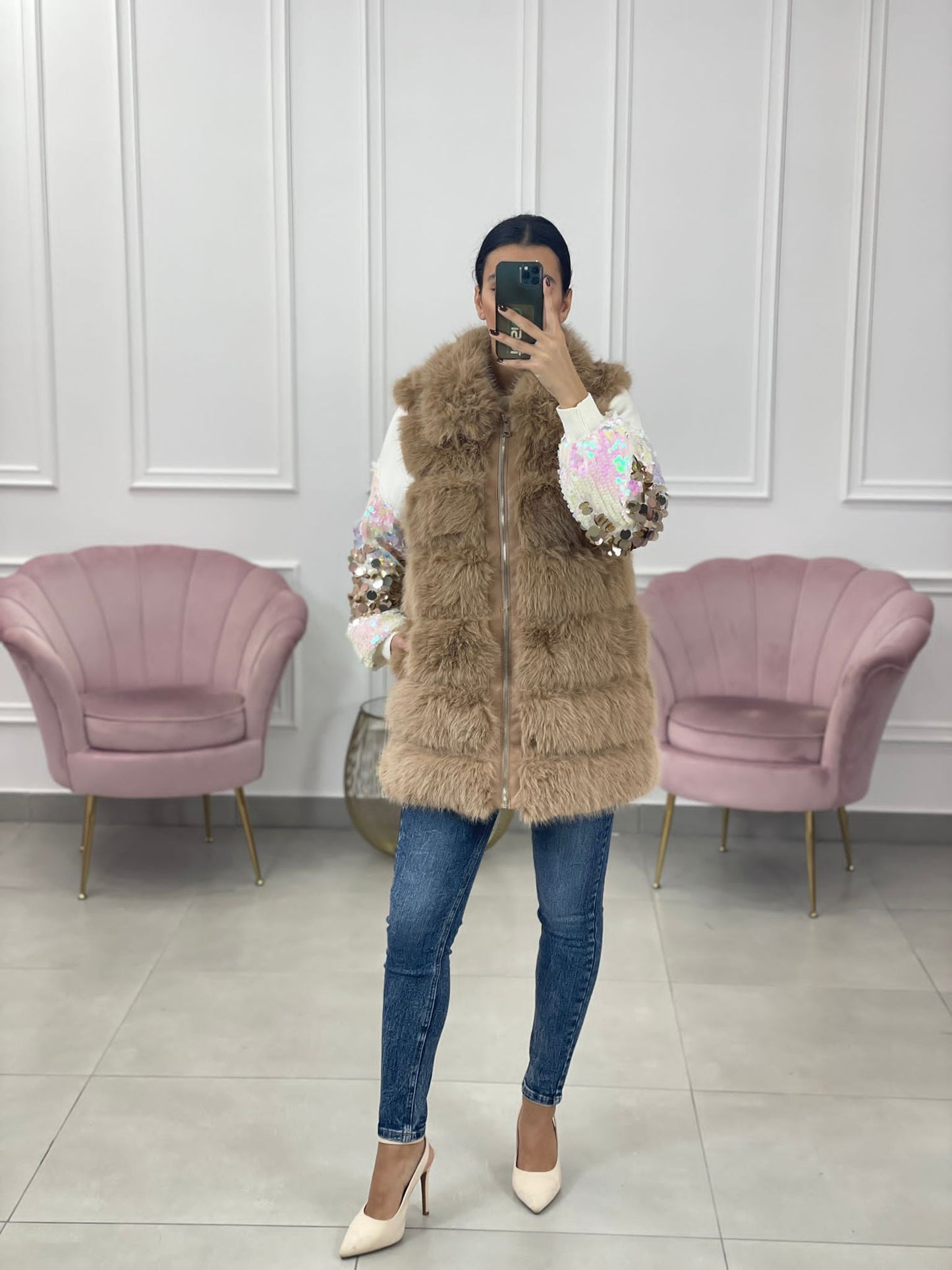 SMANICATO IN PELLICCIA CON INSERTI ECOPELLE