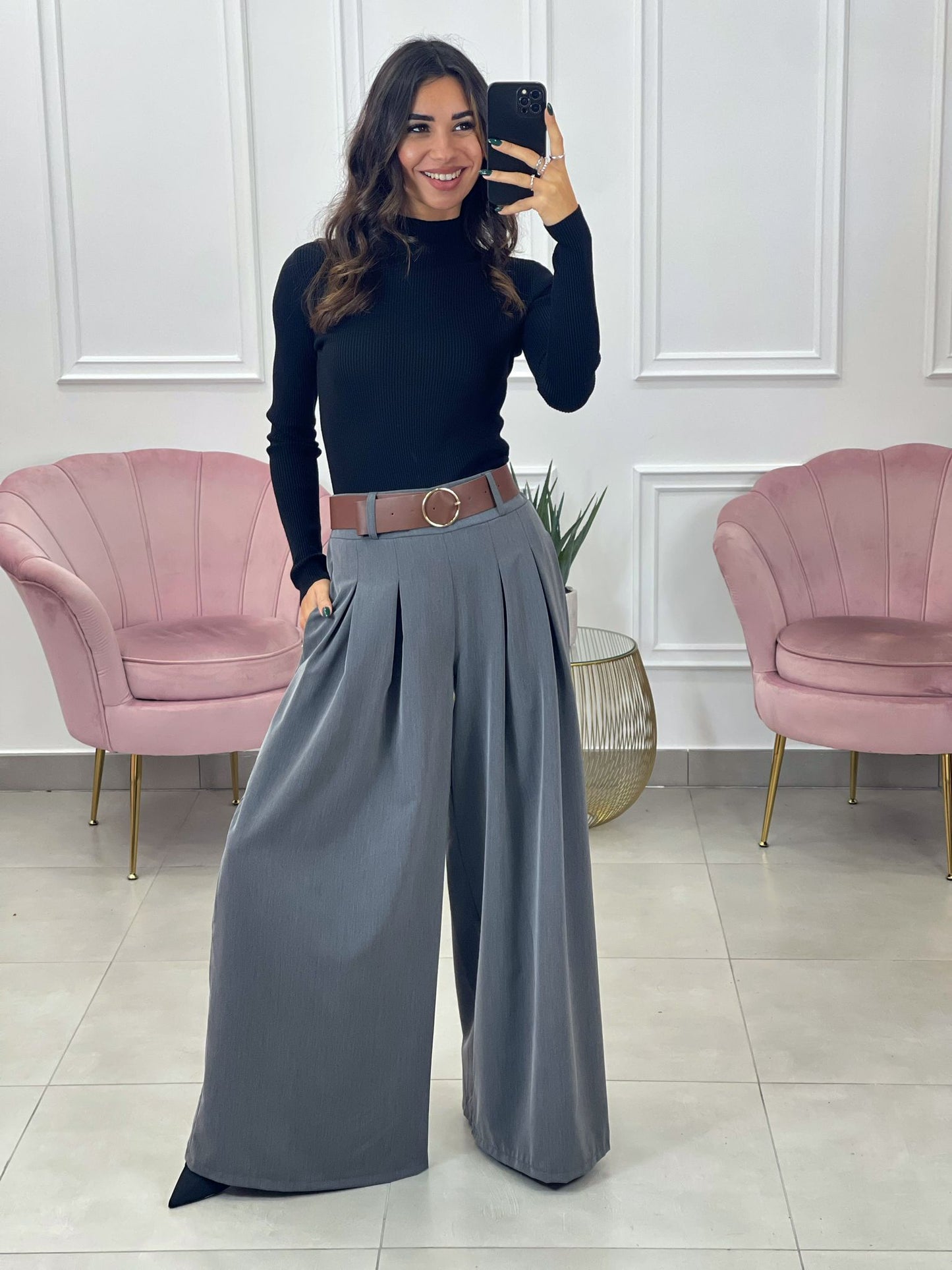 PANTALONE PALAZZO CON PENCES E CINTURA