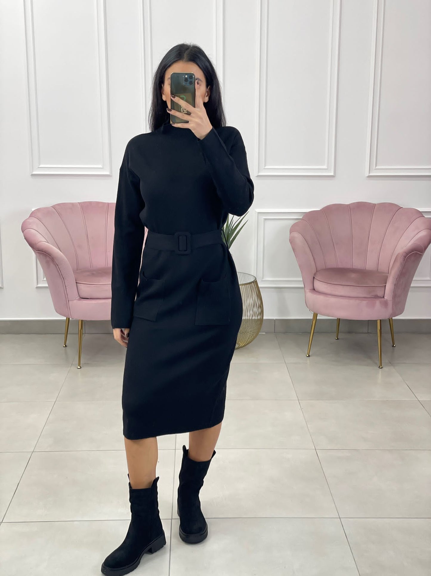 VESTITO MEZZO COLLO CON TASCHINO E CINTURA