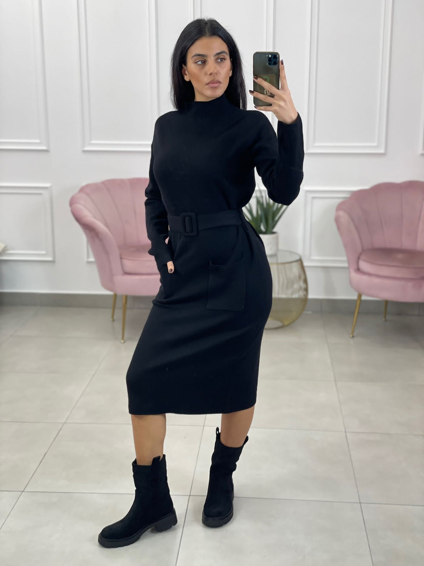 VESTITO MEZZO COLLO CON TASCHINO E CINTURA