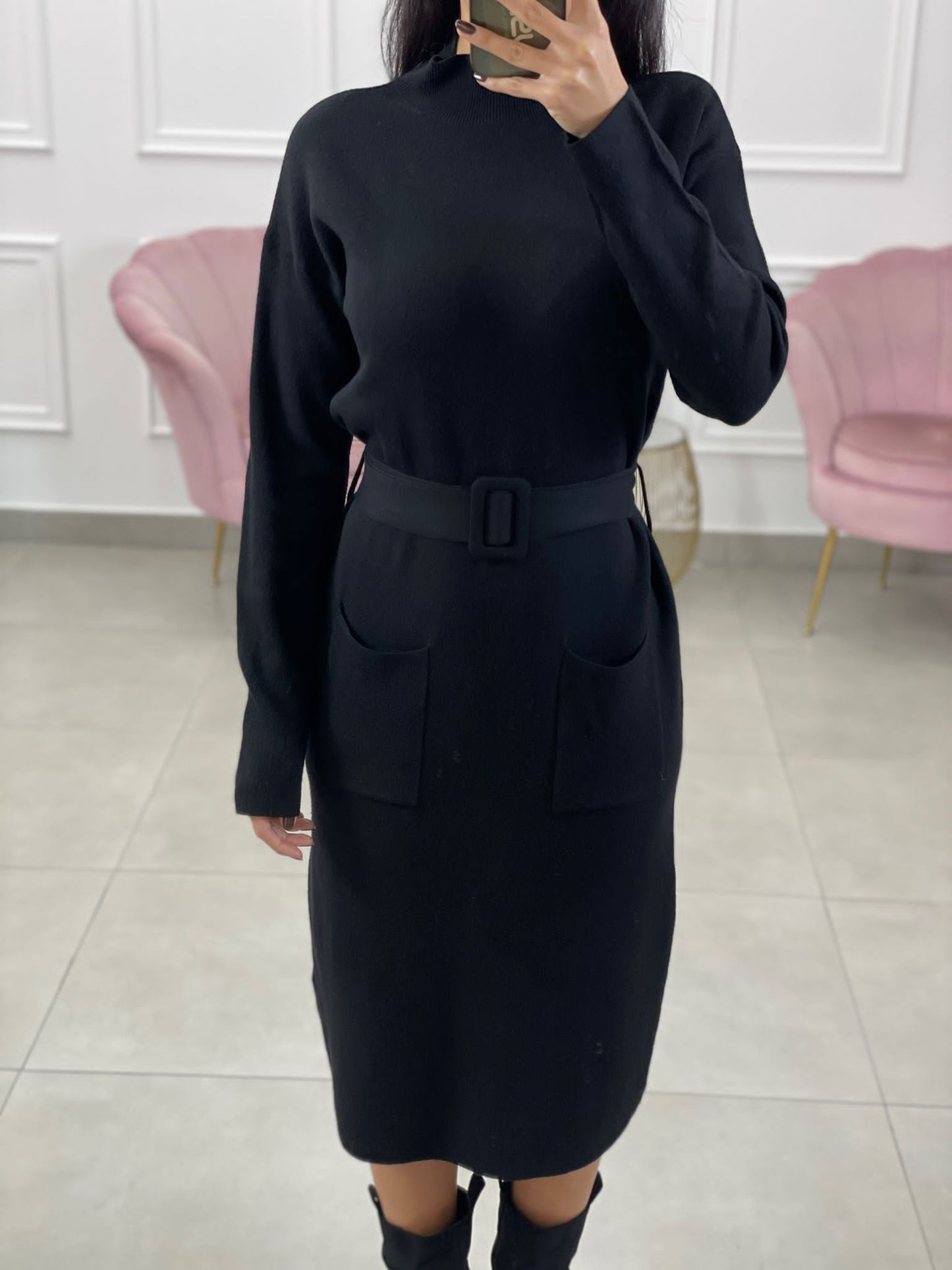 VESTITO MEZZO COLLO CON TASCHINO E CINTURA
