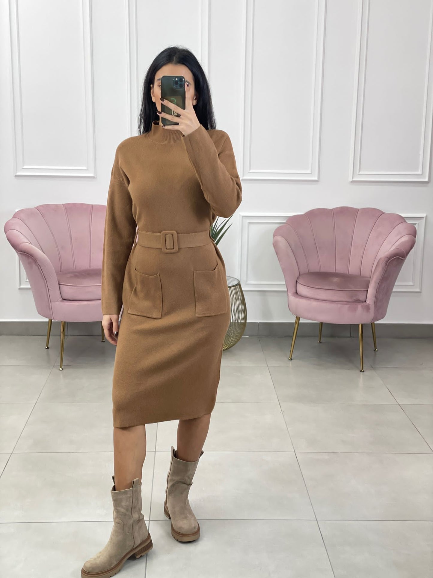VESTITO MEZZO COLLO CON TASCHINO E CINTURA