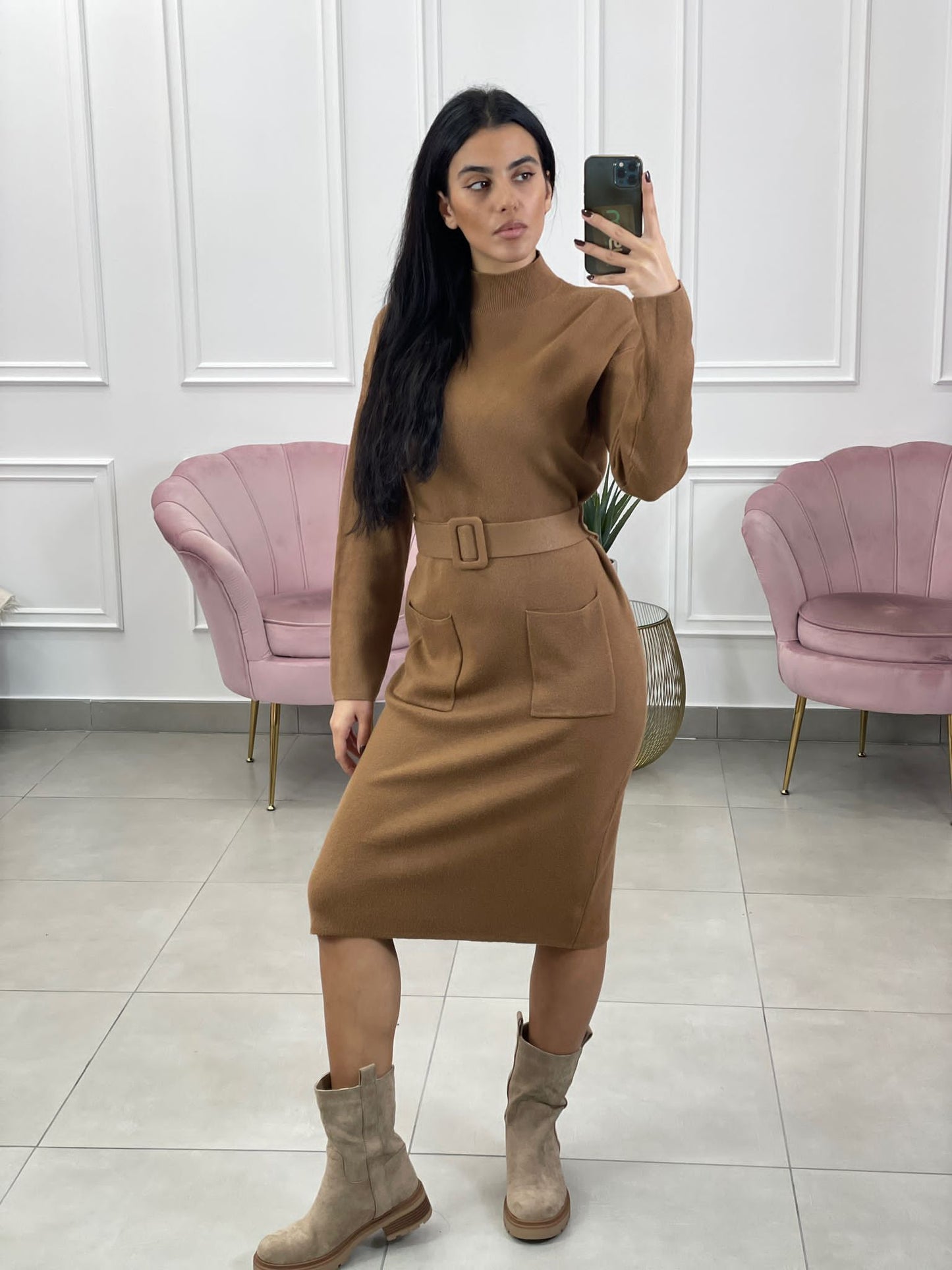 VESTITO MEZZO COLLO CON TASCHINO E CINTURA