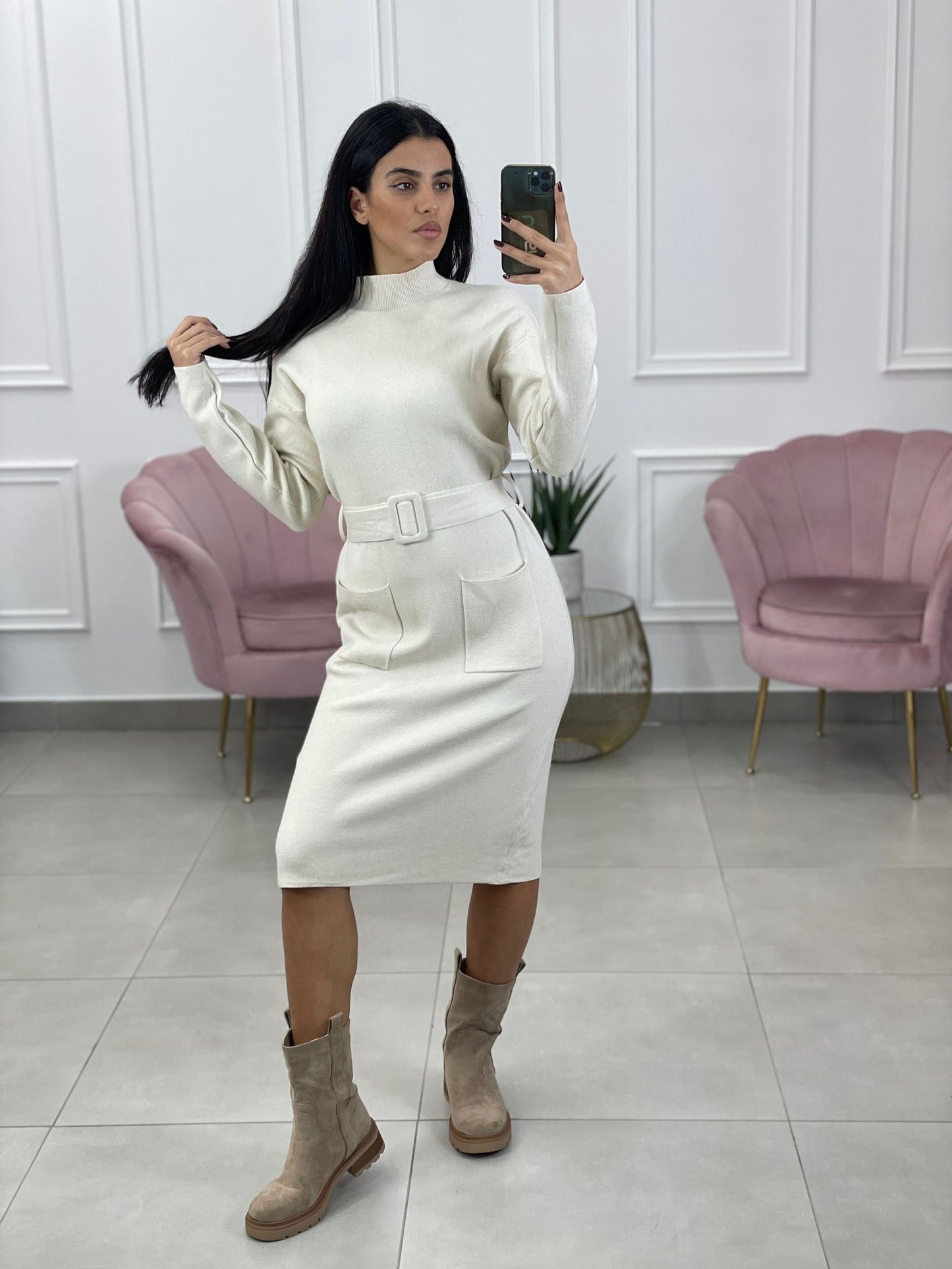 VESTITO MEZZO COLLO CON TASCHINO E CINTURA