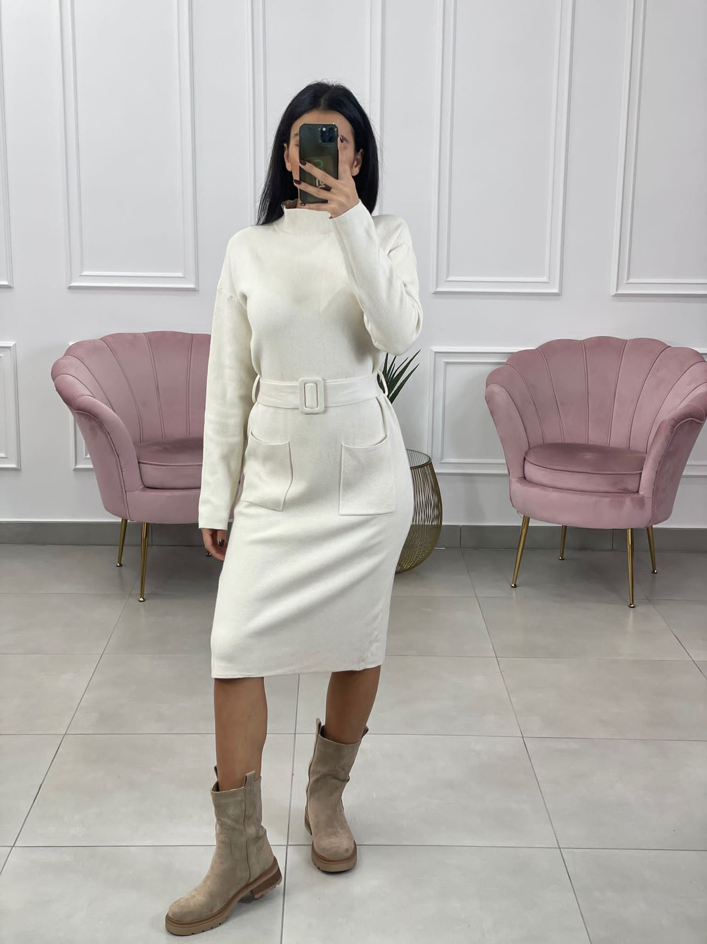 VESTITO MEZZO COLLO CON TASCHINO E CINTURA