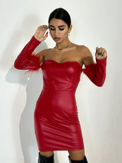 VESTITO FASCIA IN ECOPELLE CON PIUME