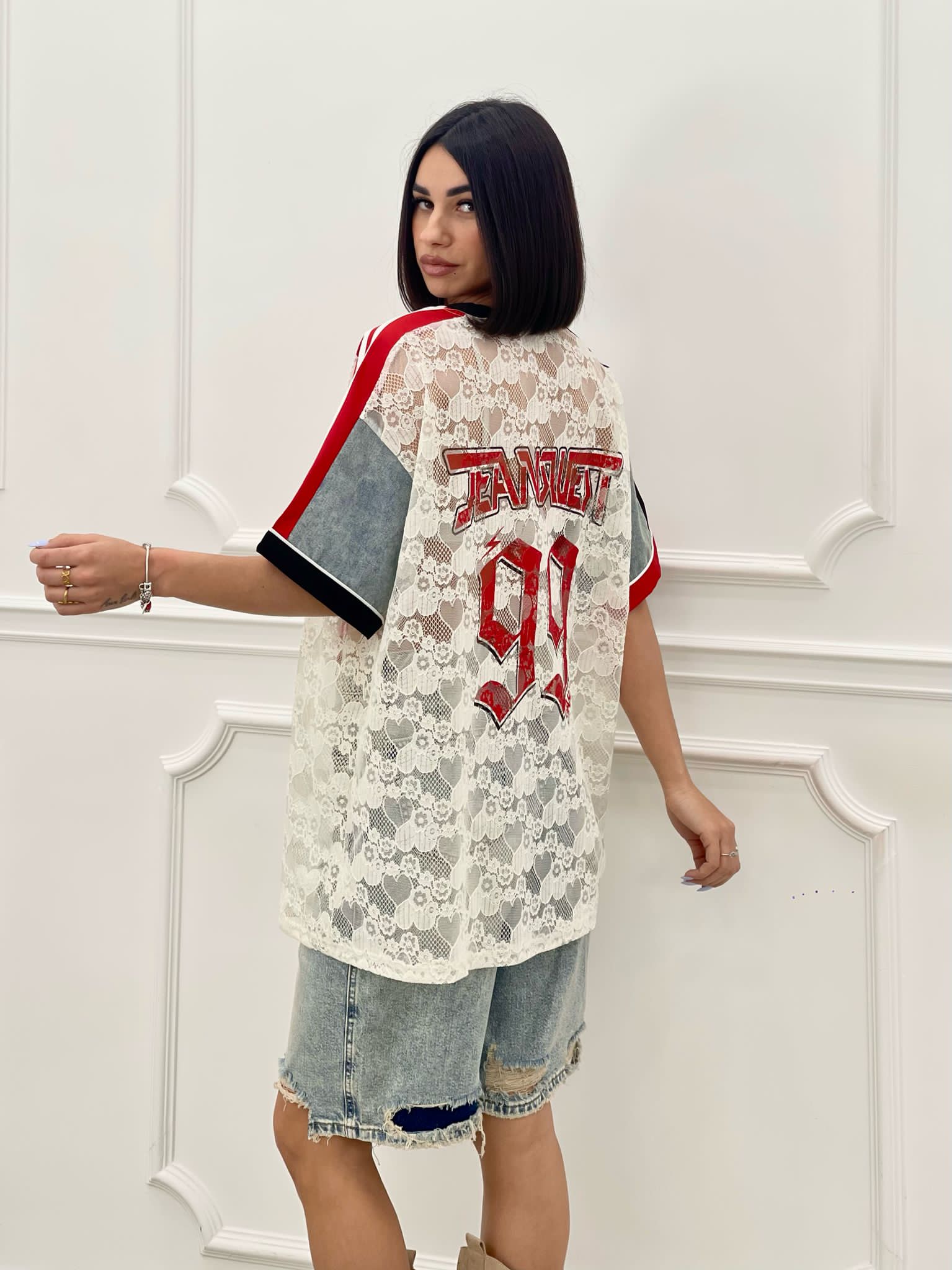 MAGLIA DENIM E PIZZO CON STAMPA NEW SS25