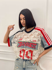 MAGLIA DENIM E PIZZO CON STAMPA NEW SS25