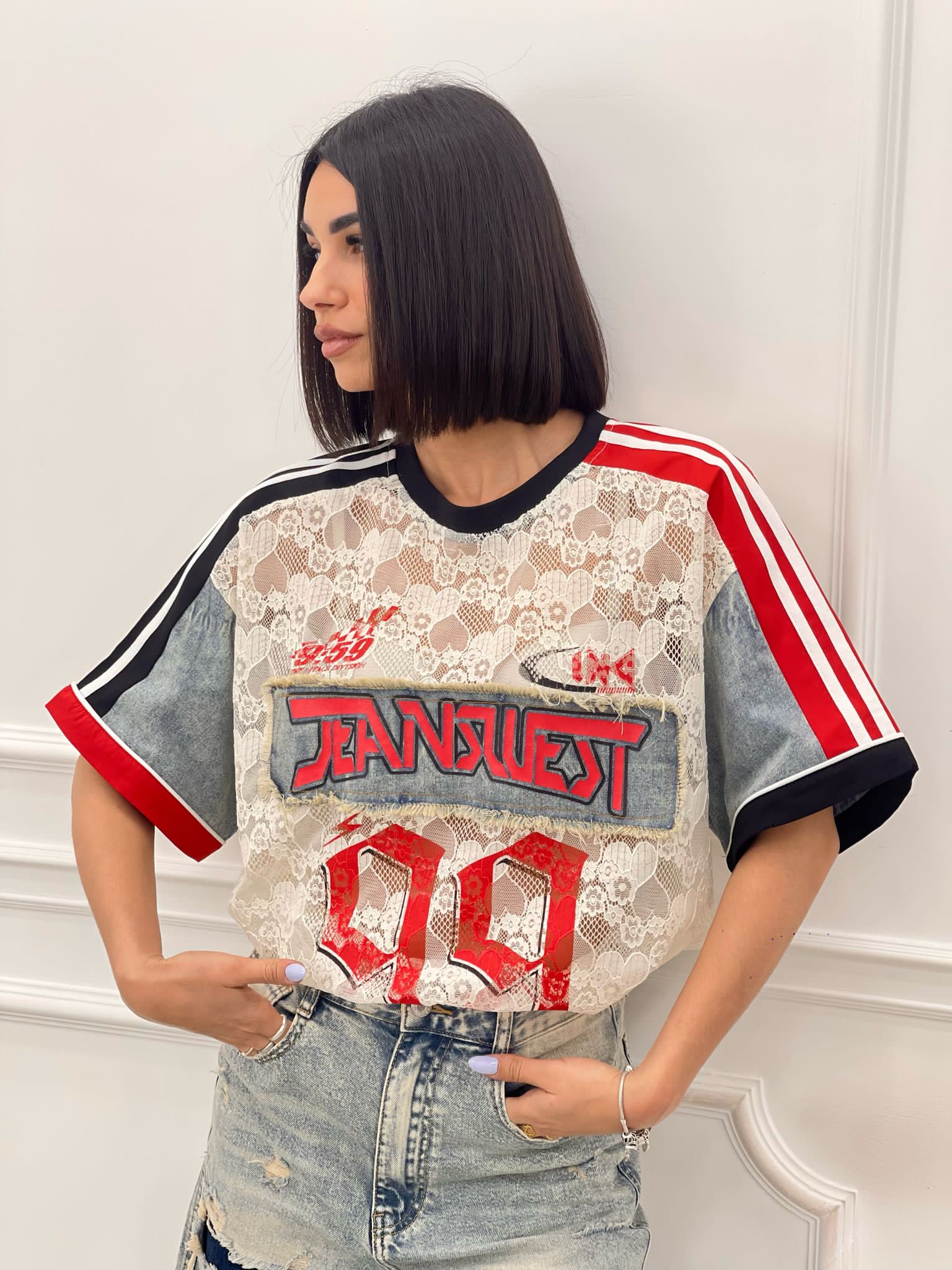 MAGLIA DENIM E PIZZO CON STAMPA NEW SS25