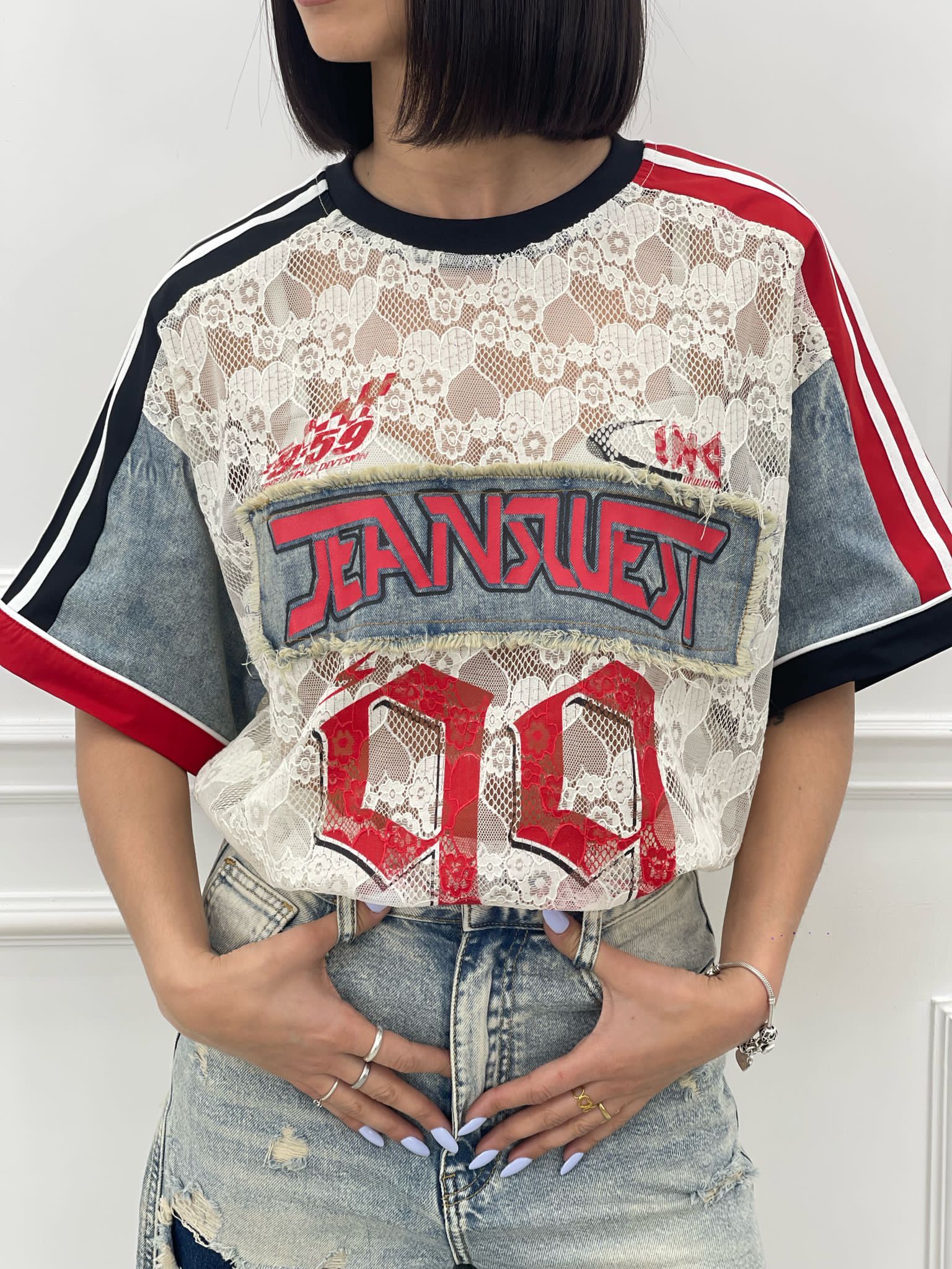 MAGLIA DENIM E PIZZO CON STAMPA NEW SS25