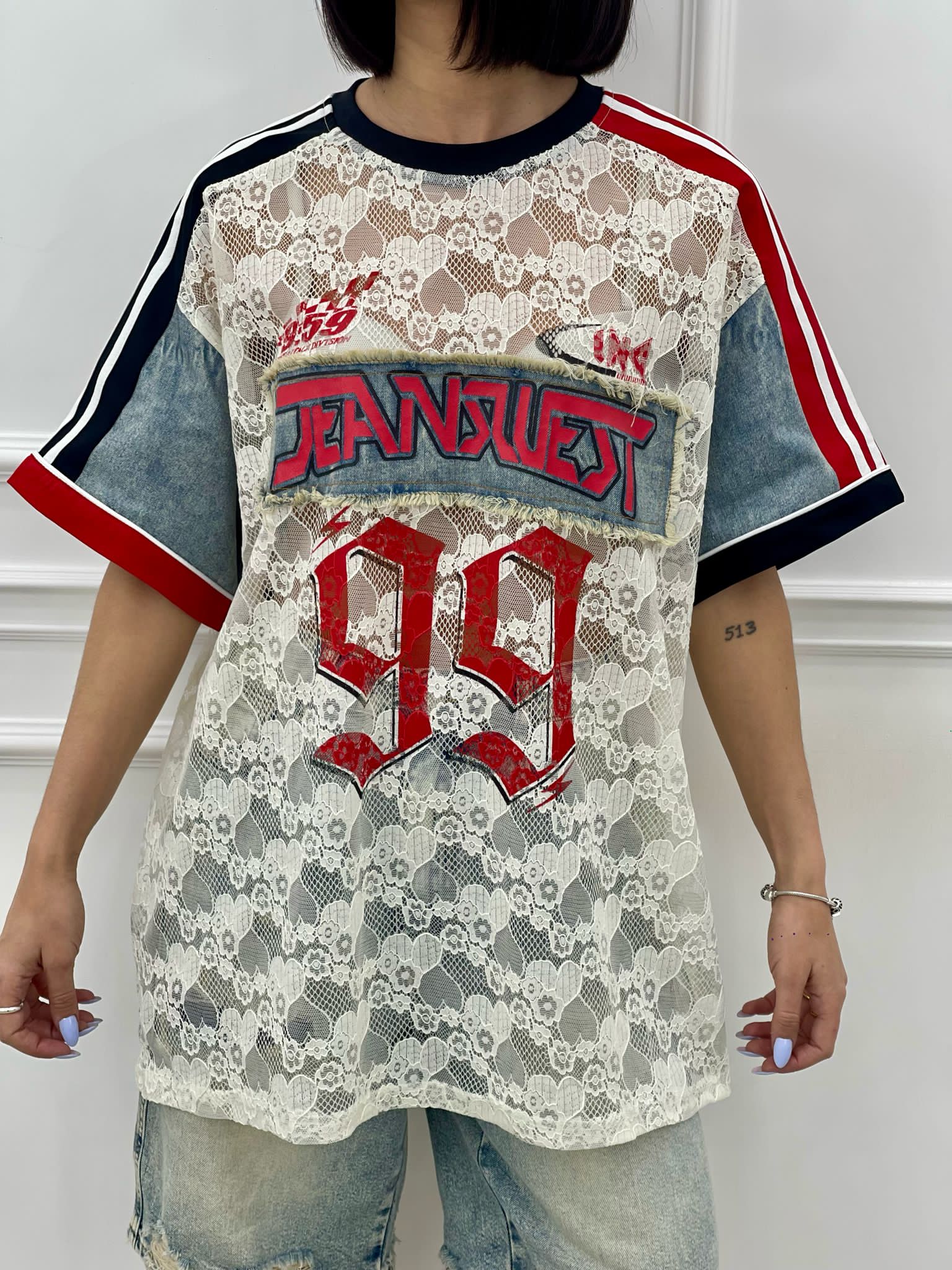MAGLIA DENIM E PIZZO CON STAMPA NEW SS25